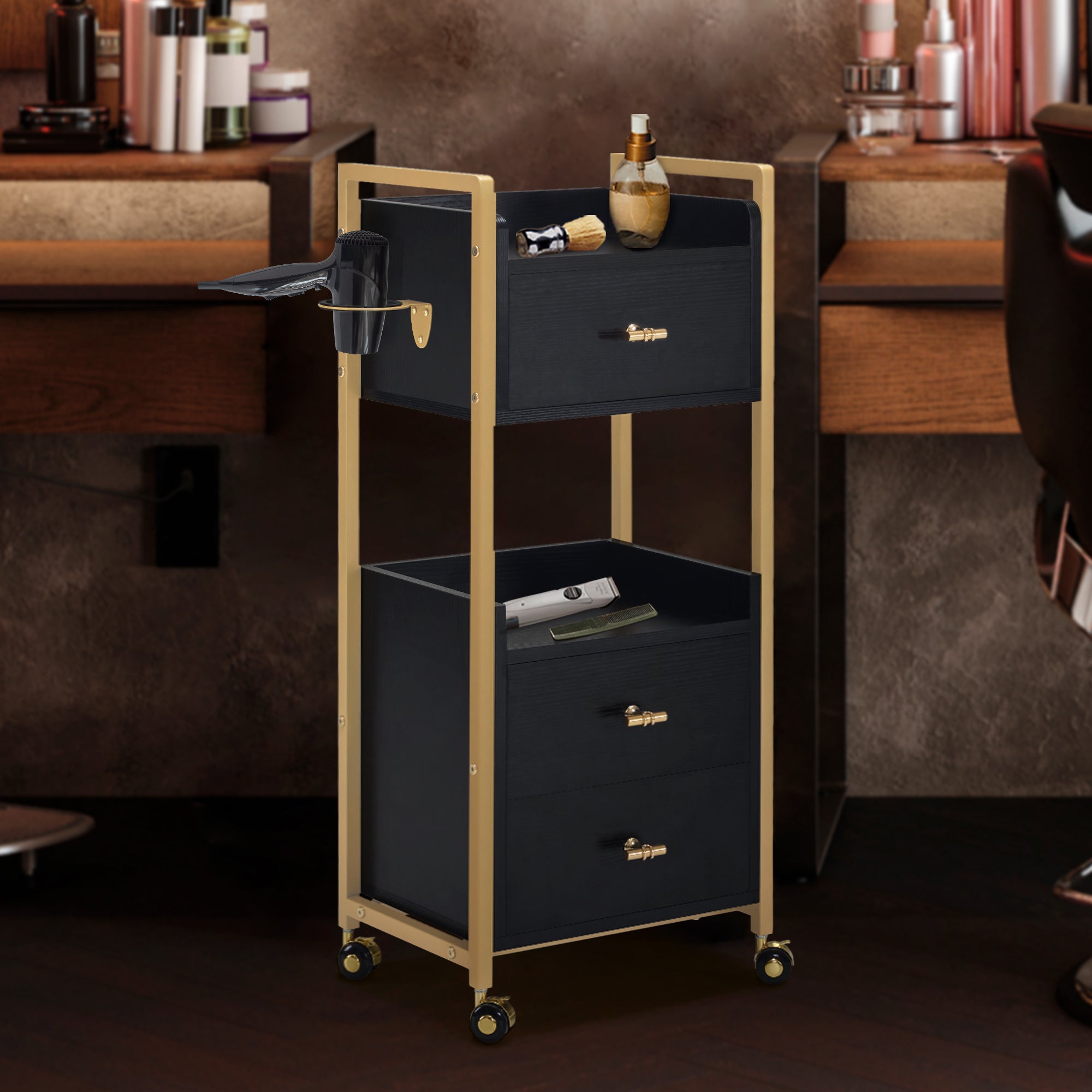 MCombo Carrello di servizio con ruote e 3 cassetti, carrello da parrucchiere, carrello da salone con 2 ripiani e supporto per asciugacapelli, carrello da lavoro moderno per bagno e soggiorno, 30x40x95 cm, 0022