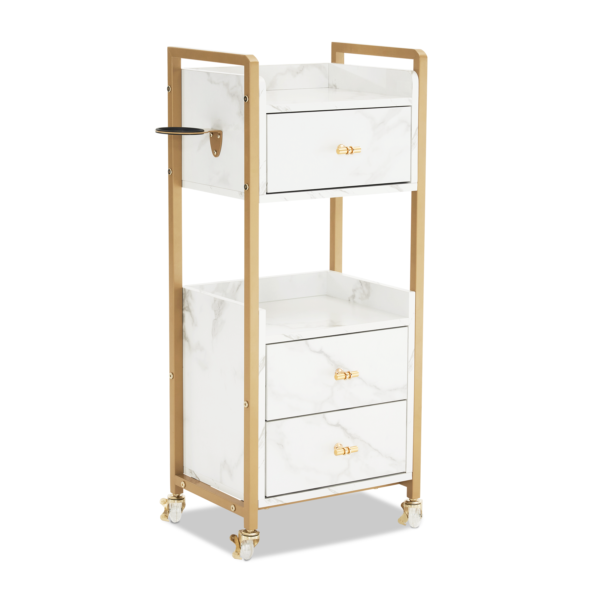 MCombo Carrello di servizio con ruote e 3 cassetti, carrello da parrucchiere, carrello da salone con 2 ripiani e supporto per asciugacapelli, carrello da lavoro moderno per bagno e soggiorno, 30x40x95 cm, 0022