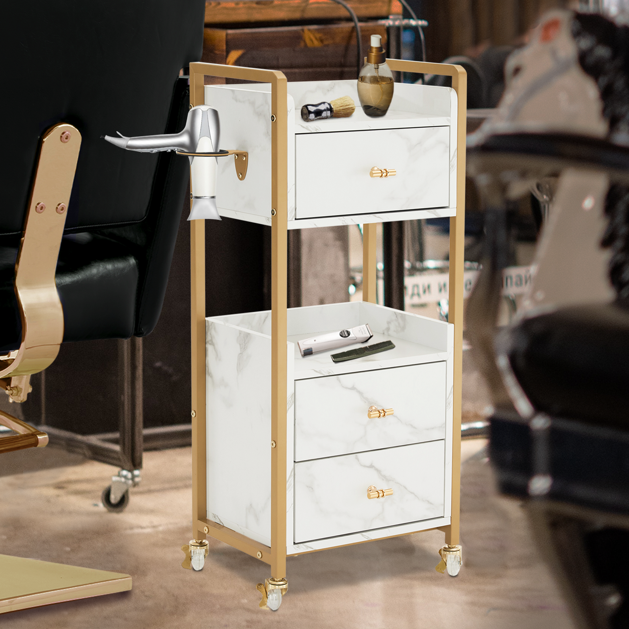 MCombo Carrello di servizio con ruote e 3 cassetti, carrello da parrucchiere, carrello da salone con 2 ripiani e supporto per asciugacapelli, carrello da lavoro moderno per bagno e soggiorno, 30x40x95 cm, 0022