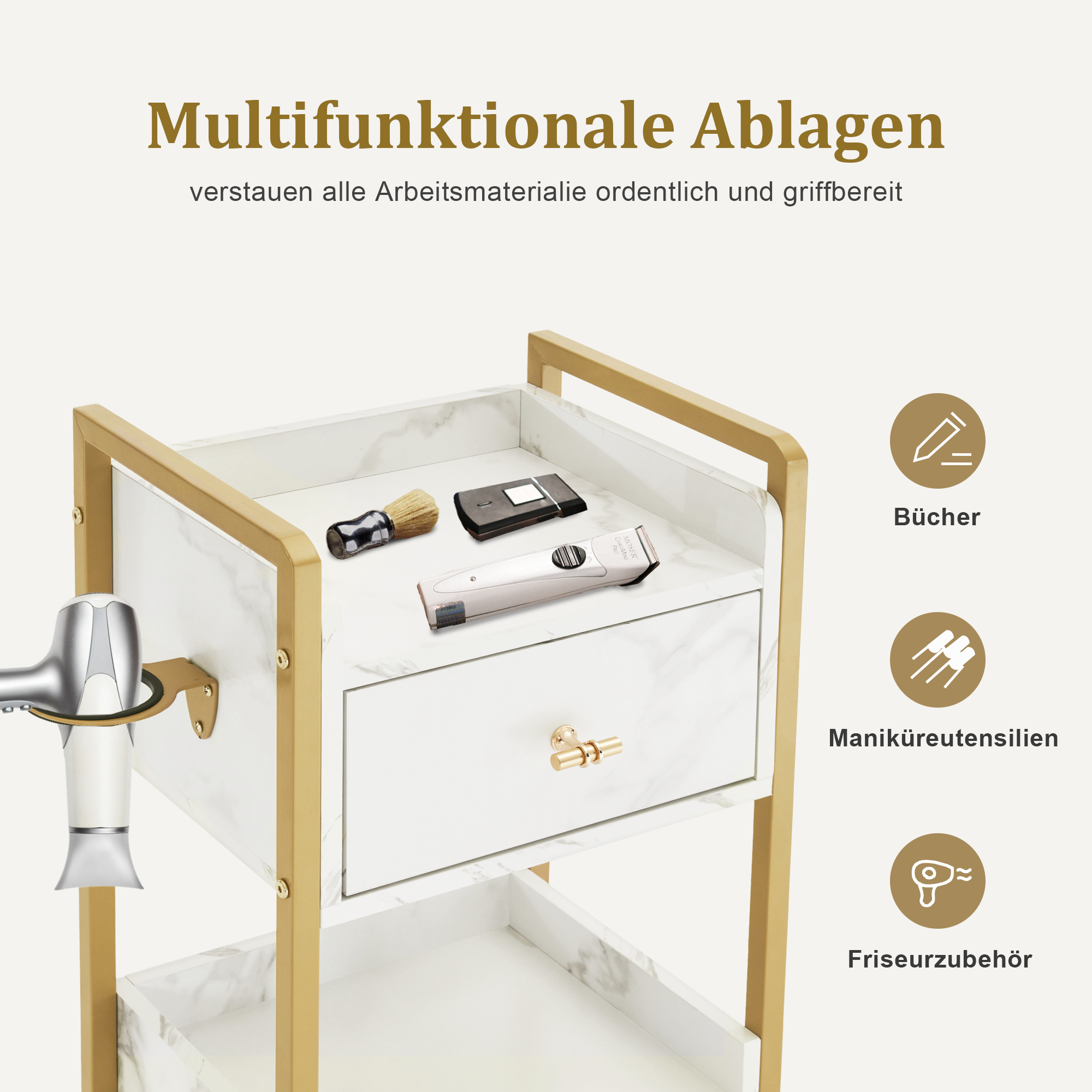 MCombo Carrello di servizio con ruote e 3 cassetti, carrello da parrucchiere, carrello da salone con 2 ripiani e supporto per asciugacapelli, carrello da lavoro moderno per bagno e soggiorno, 30x40x95 cm, 0022