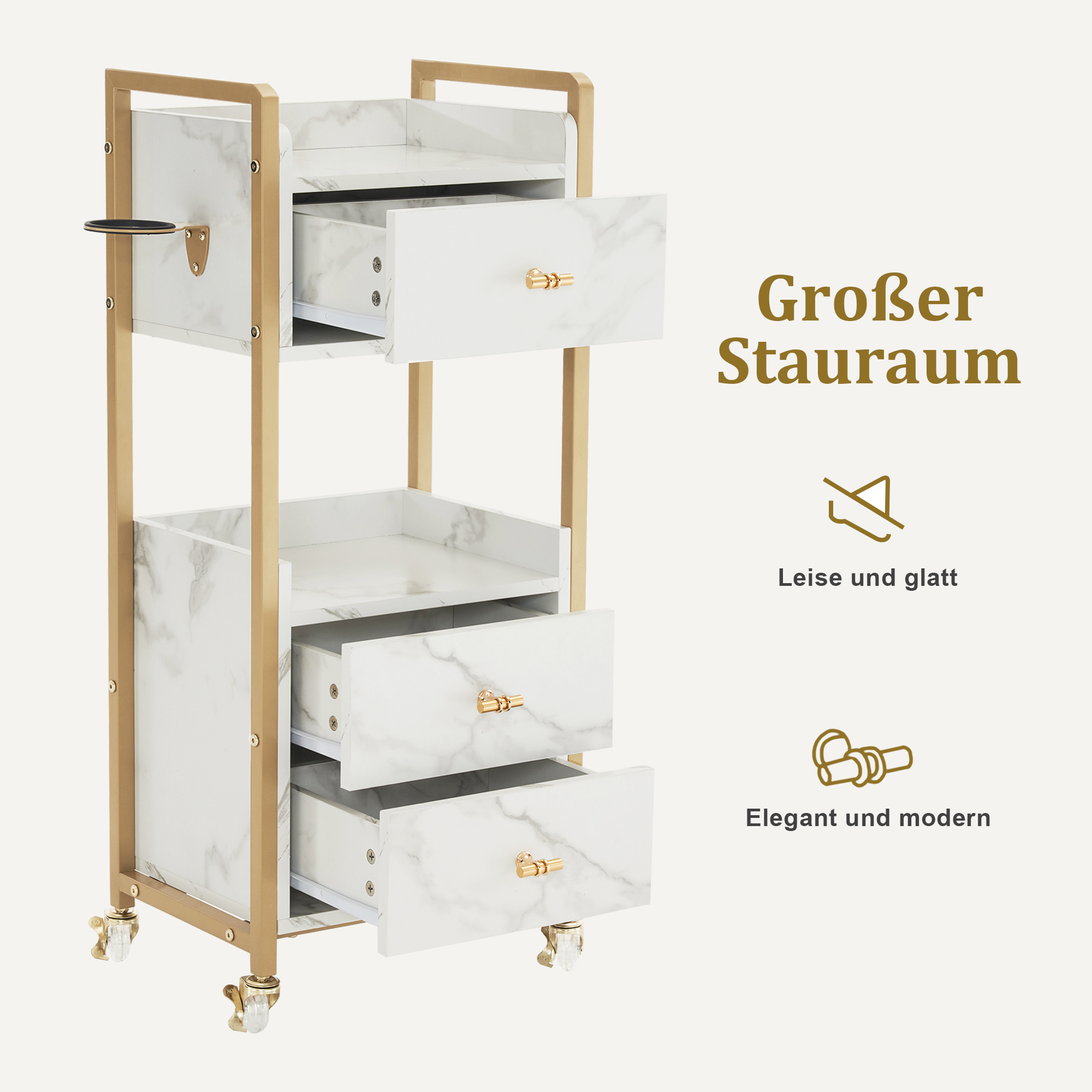 MCombo Carrello di servizio con ruote e 3 cassetti, carrello da parrucchiere, carrello da salone con 2 ripiani e supporto per asciugacapelli, carrello da lavoro moderno per bagno e soggiorno, 30x40x95 cm, 0022