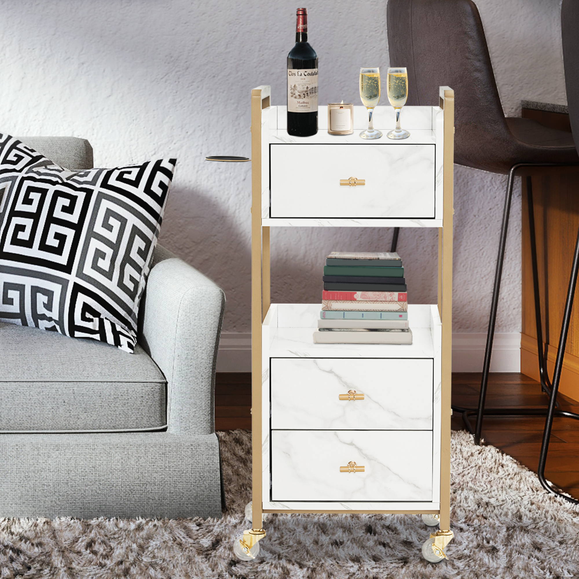 MCombo Carrello di servizio con ruote e 3 cassetti, carrello da parrucchiere, carrello da salone con 2 ripiani e supporto per asciugacapelli, carrello da lavoro moderno per bagno e soggiorno, 30x40x95 cm, 0022