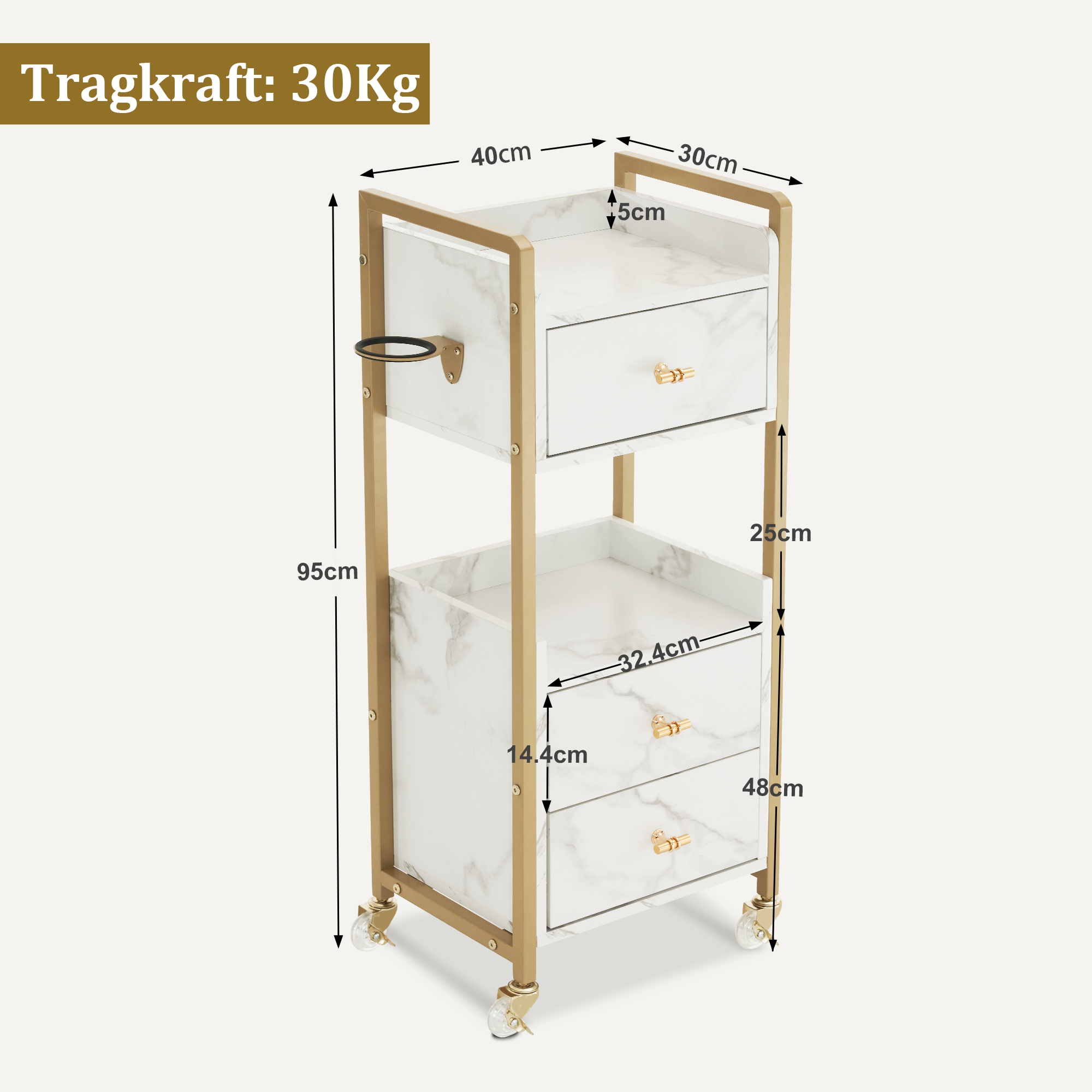 MCombo Carrello di servizio con ruote e 3 cassetti, carrello da parrucchiere, carrello da salone con 2 ripiani e supporto per asciugacapelli, carrello da lavoro moderno per bagno e soggiorno, 30x40x95 cm, 0022