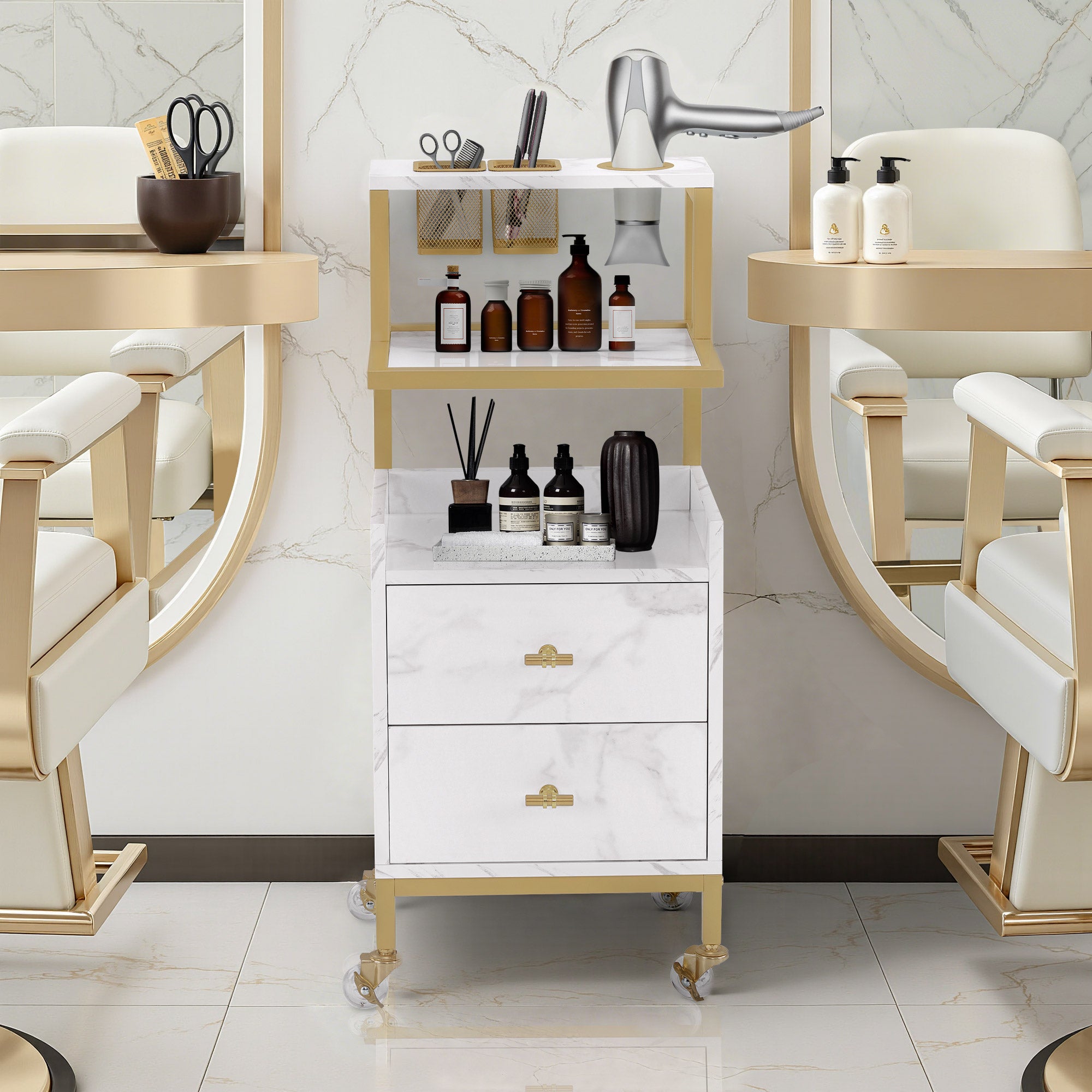 MCombo Carrello con ruote e 2 cassetti, carrello di servizio con 2 ripiani, carrello da lavoro moderno per bagno e soggiorno, 32x37x87 cm, 0029
