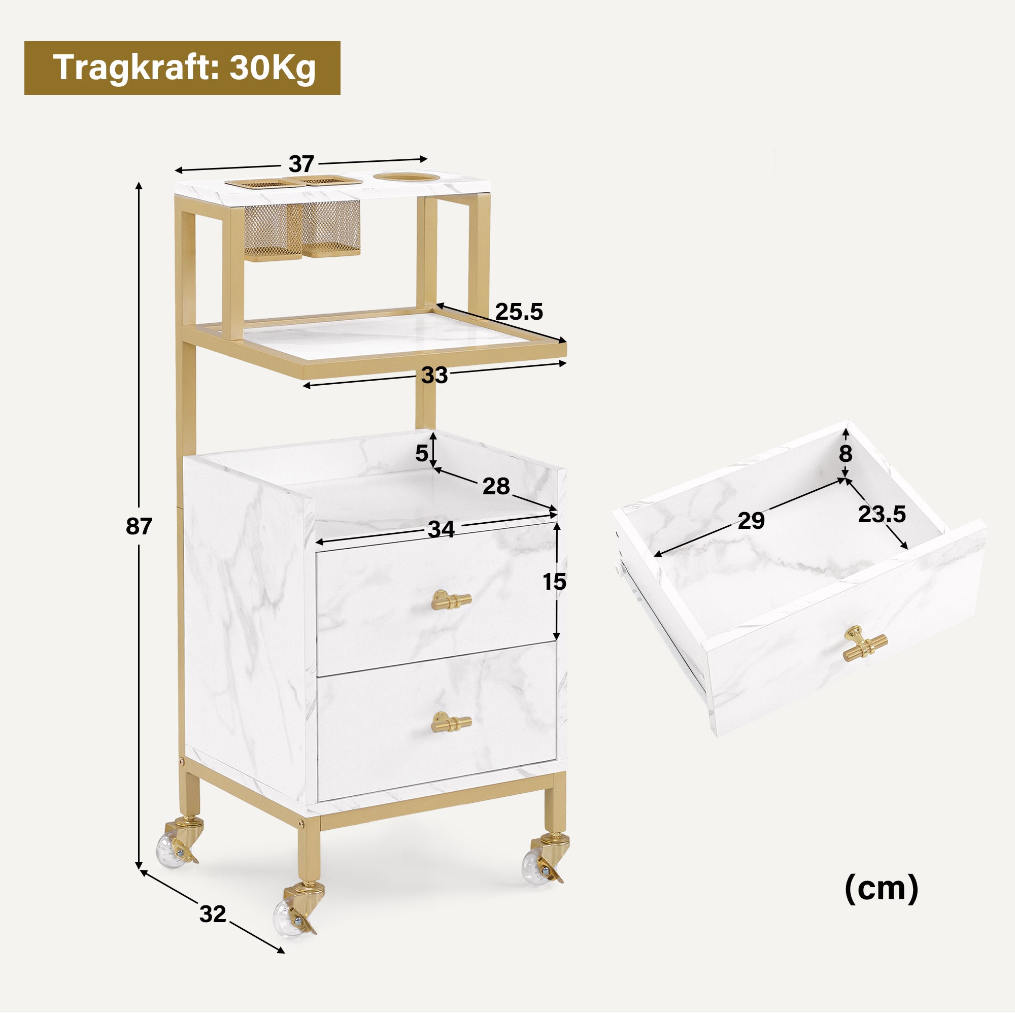 MCombo Carrello con ruote e 2 cassetti, carrello di servizio con 2 ripiani, carrello da lavoro moderno per bagno e soggiorno, 32x37x87 cm, 0029