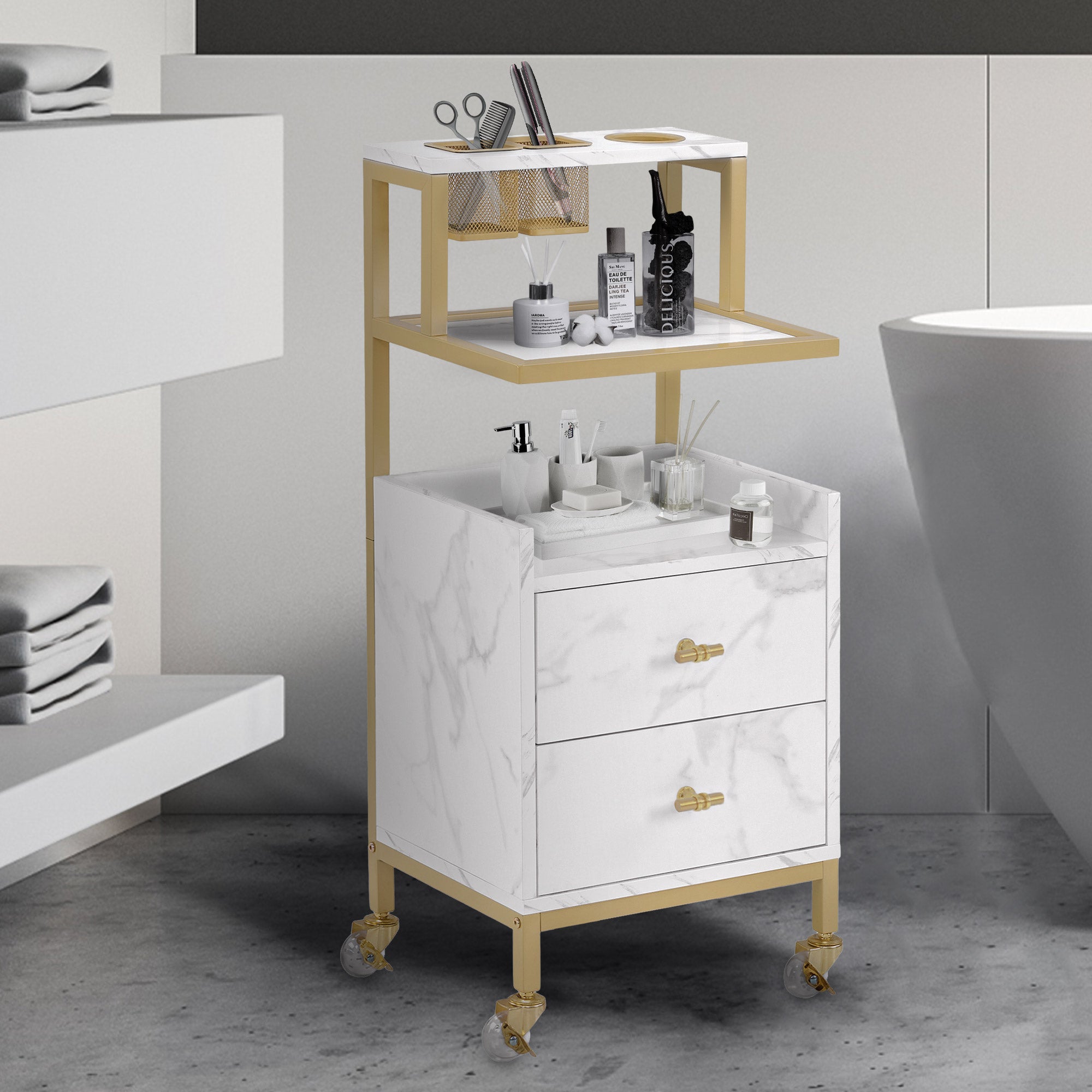 MCombo Carrello con ruote e 2 cassetti, carrello di servizio con 2 ripiani, carrello da lavoro moderno per bagno e soggiorno, 32x37x87 cm, 0029