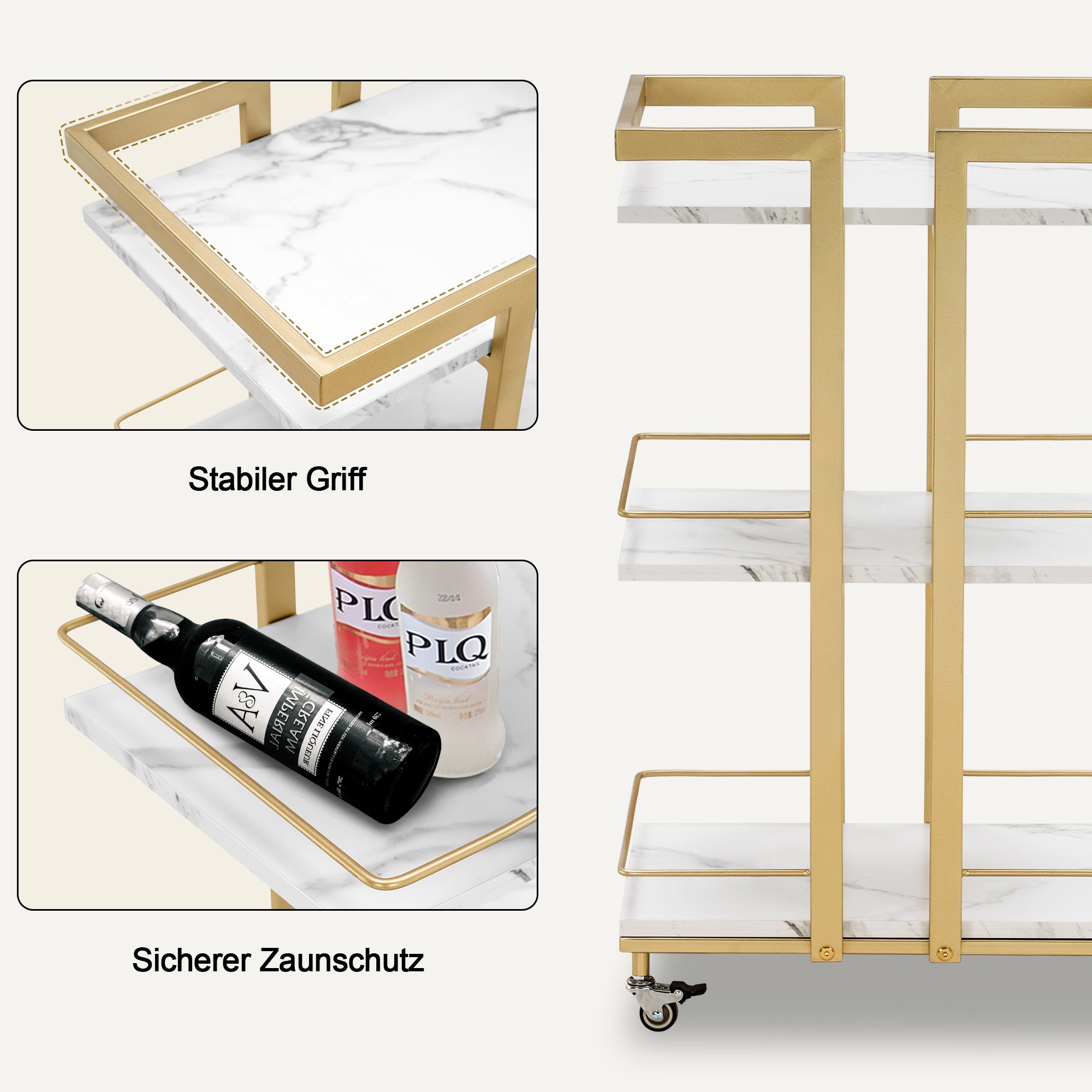 M MCombo Servierwagen met wielen, keukenwagen barwagen met metalen frame, moderne rollwagen multifunctionele wagen met 3 niveaus, voor keuken, badkamer, woonkamer, kantoor, 33*43*75cm, 0033