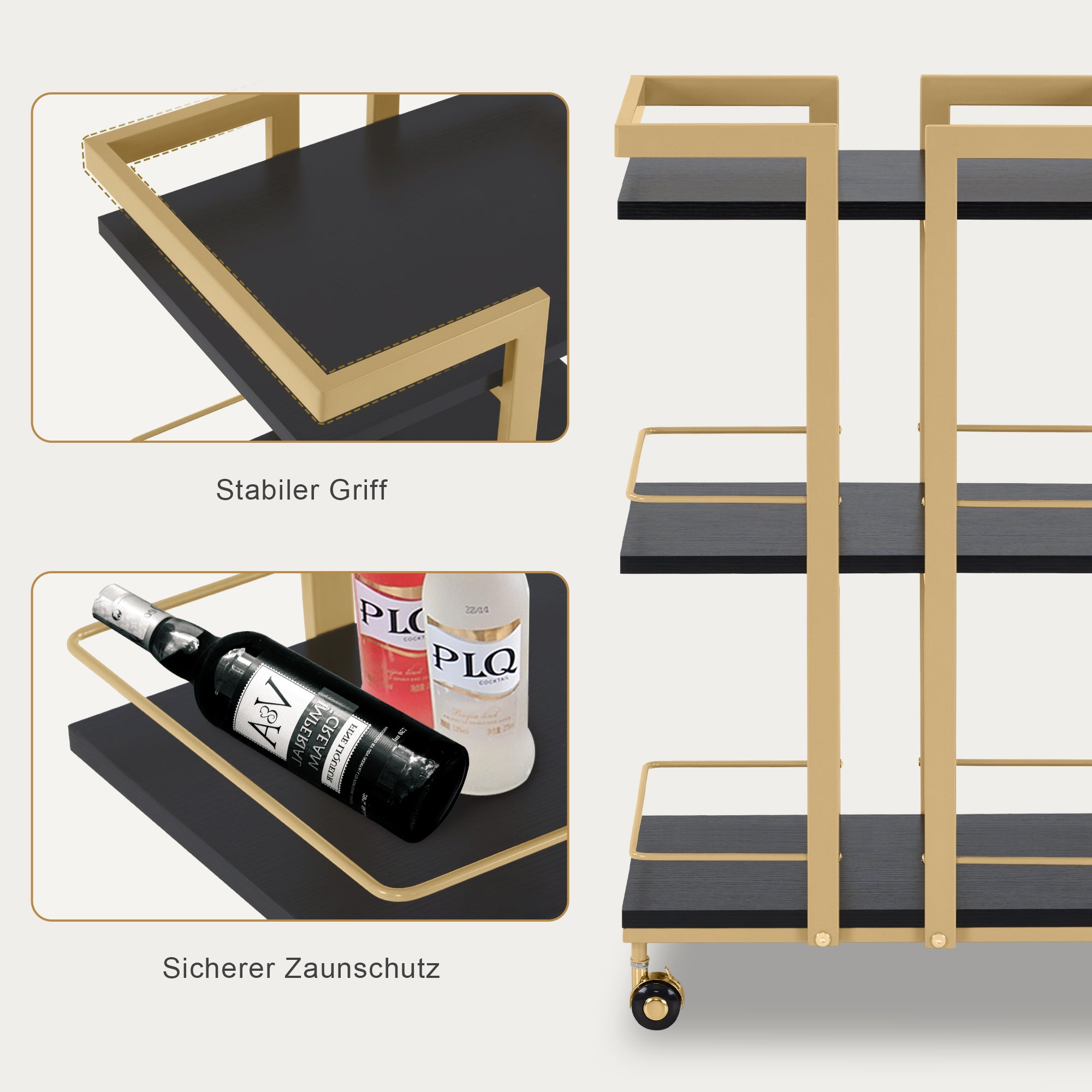 M MCombo Servierwagen met wielen, keukenwagen barwagen met metalen frame, moderne rollwagen multifunctionele wagen met 3 niveaus, voor keuken, badkamer, woonkamer, kantoor, 33*43*75cm, 0033