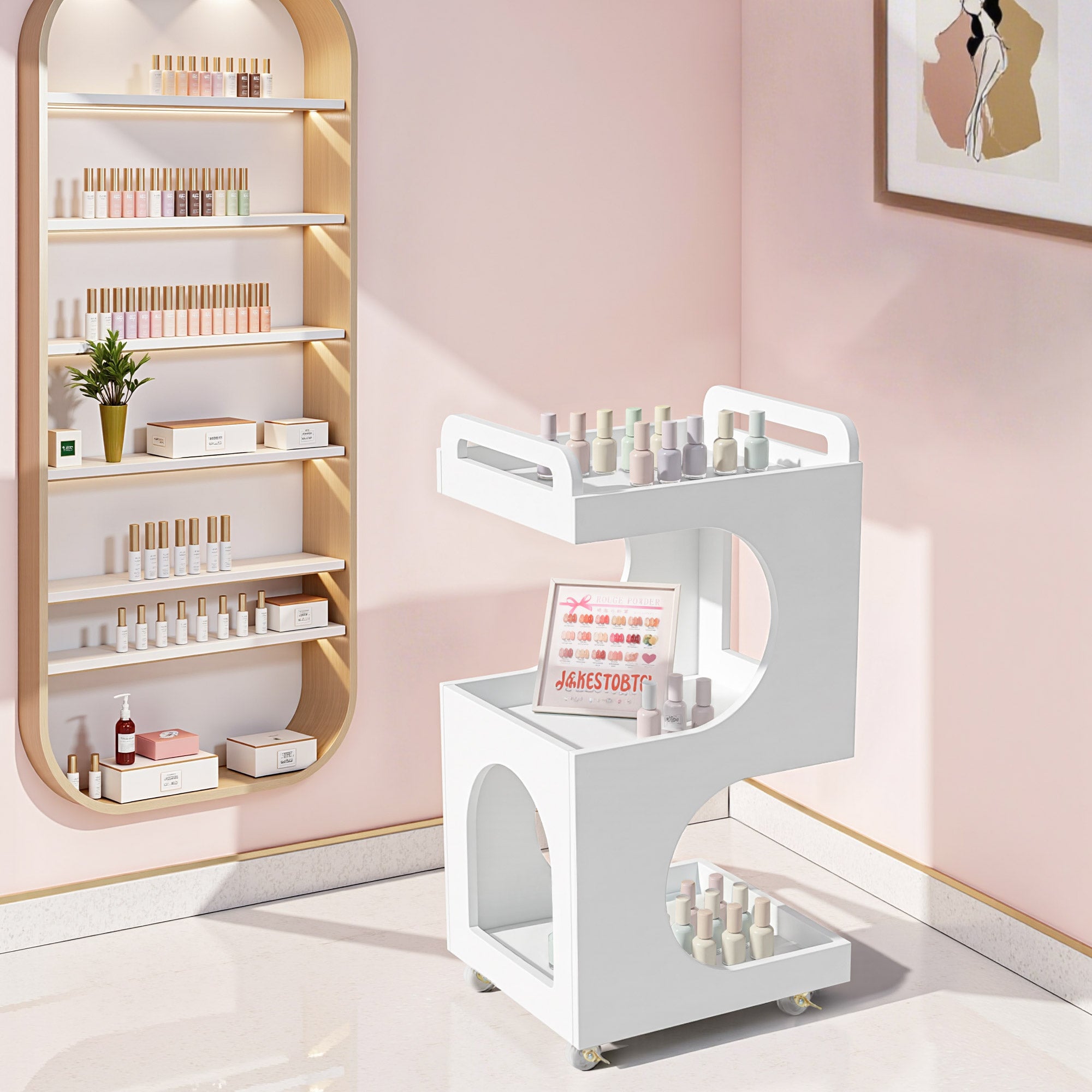 M MCombo Servierwagen met wielen, Rollwagen Friseurwagen Wit, Badwagen Keukenwagen, Salon Trolley met 3 planken, Moderne multifunctionele wagen voor schoonheidssalon Bad Woonkamer, 44,5x40x87cm, 0045