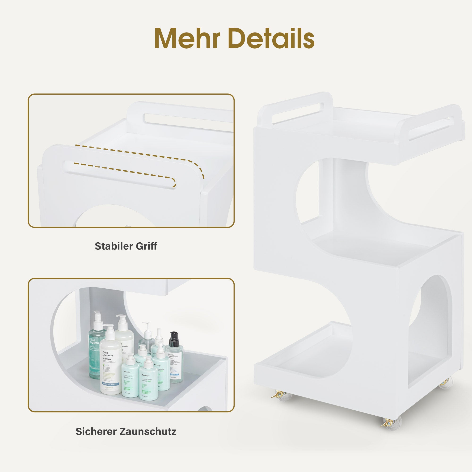 M MCombo Servierwagen met wielen, Rollwagen Friseurwagen Wit, Badwagen Keukenwagen, Salon Trolley met 3 planken, Moderne multifunctionele wagen voor schoonheidssalon Bad Woonkamer, 44,5x40x87cm, 0045