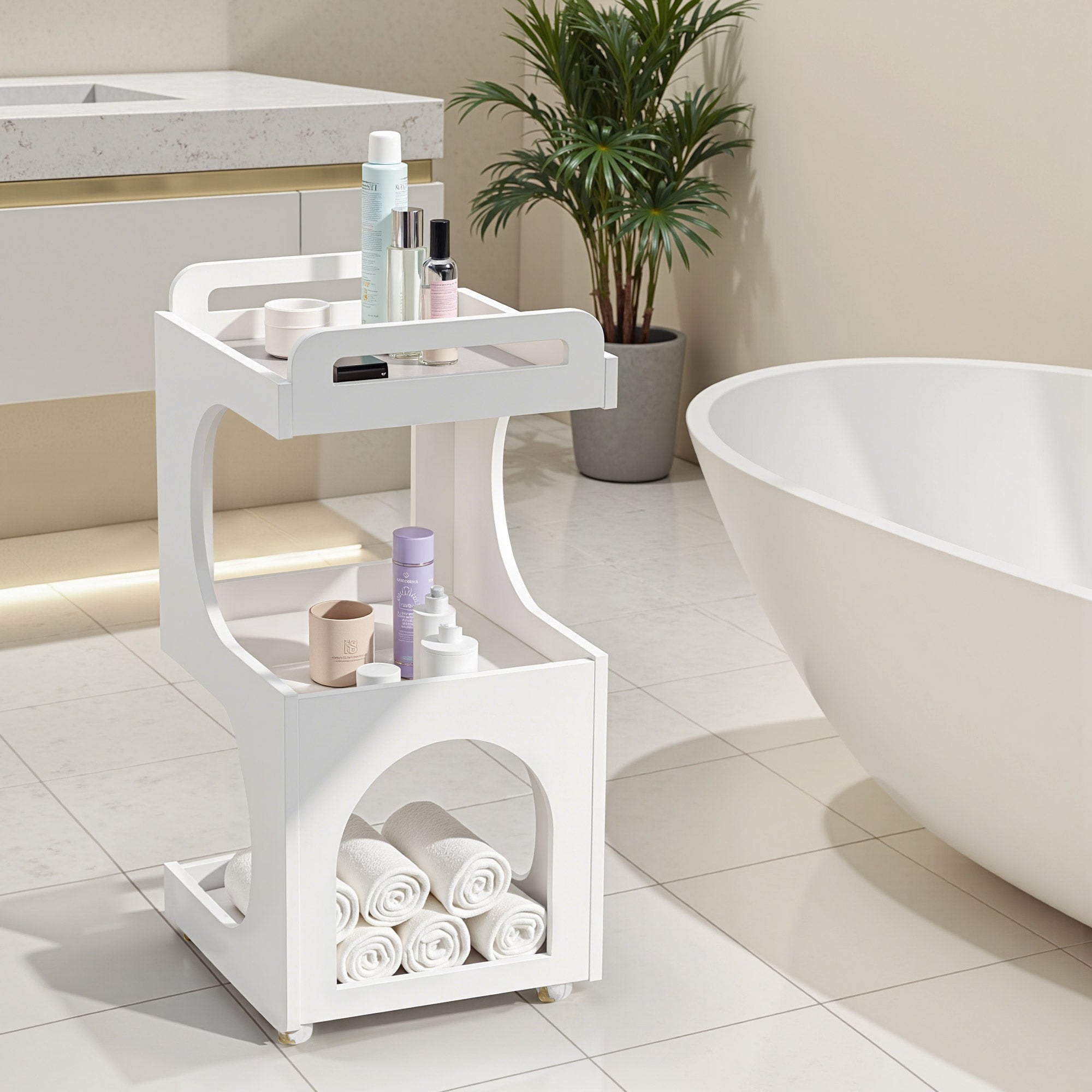 M MCombo Servierwagen met wielen, Rollwagen Friseurwagen Wit, Badwagen Keukenwagen, Salon Trolley met 3 planken, Moderne multifunctionele wagen voor schoonheidssalon Bad Woonkamer, 44,5x40x87cm, 0045