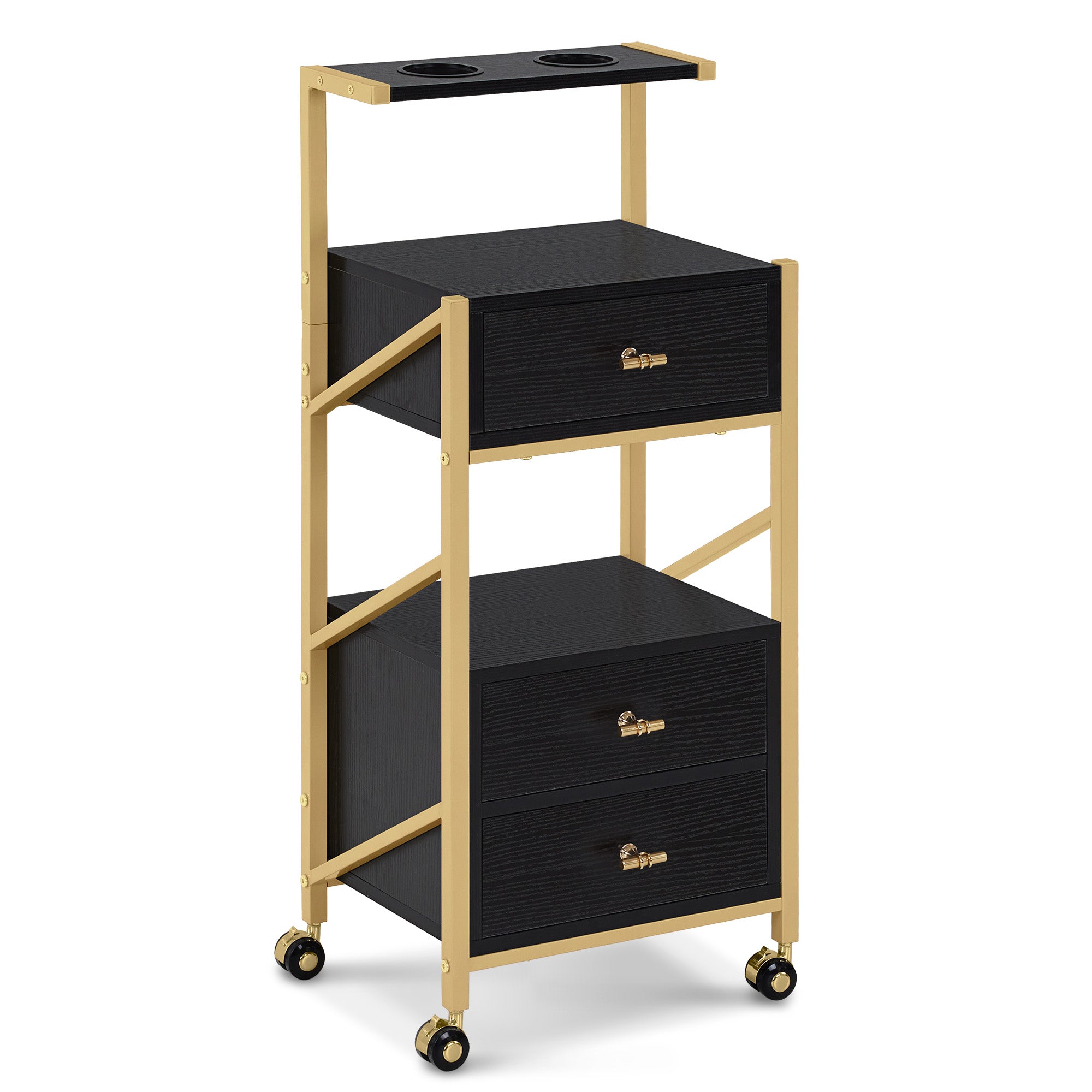 MCombo  Carrello da parrucchiere con ruote e 3 cassetti, carrello mobile/carrello di servizio, bianco e oro, carrello da salone con 2 ripiani e 2 supporti per asciugacapelli, carrello da lavoro moderno per bagno/soggiorno, 30x40x97 cm, 0048