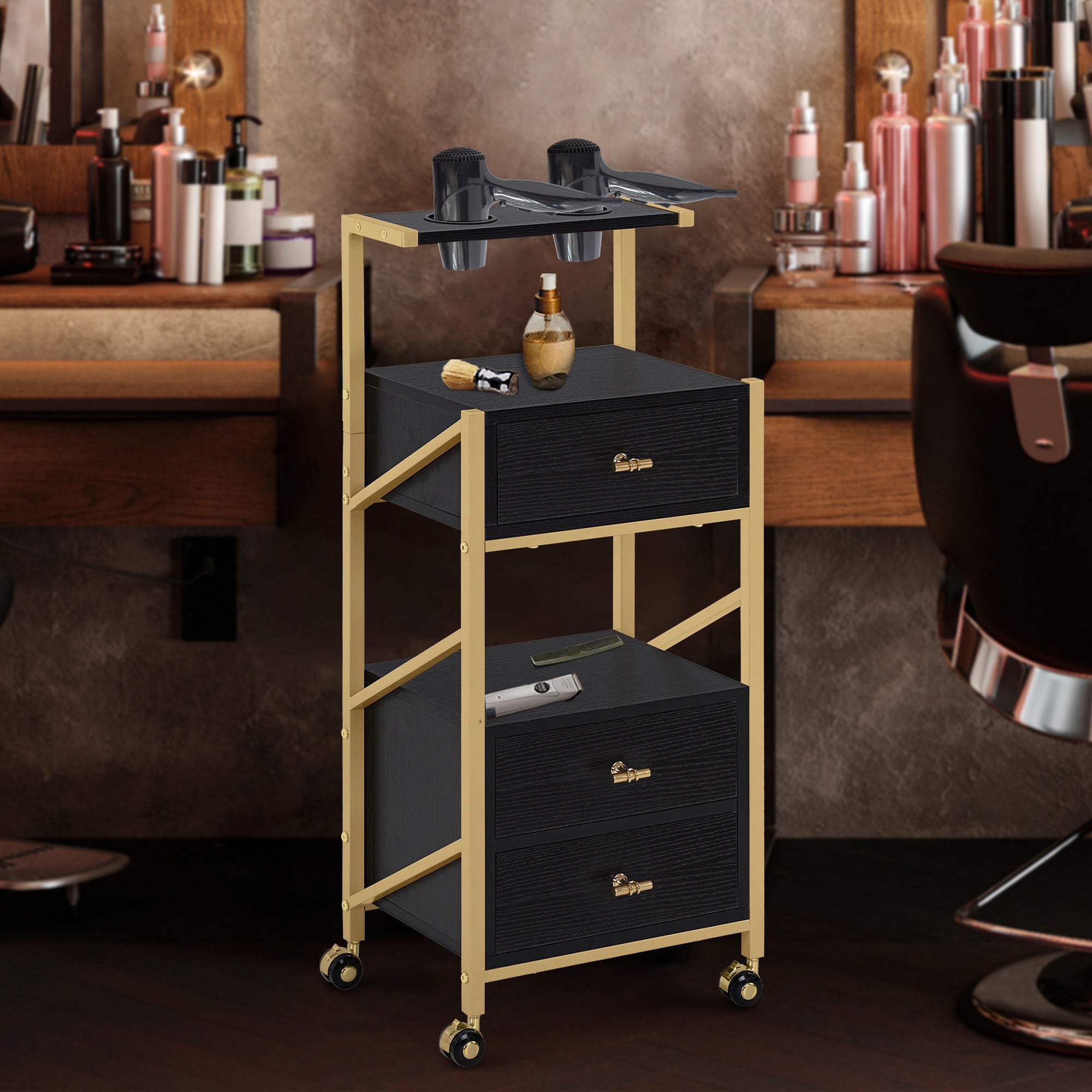 MCombo  Carrello da parrucchiere con ruote e 3 cassetti, carrello mobile/carrello di servizio, bianco e oro, carrello da salone con 2 ripiani e 2 supporti per asciugacapelli, carrello da lavoro moderno per bagno/soggiorno, 30x40x97 cm, 0048