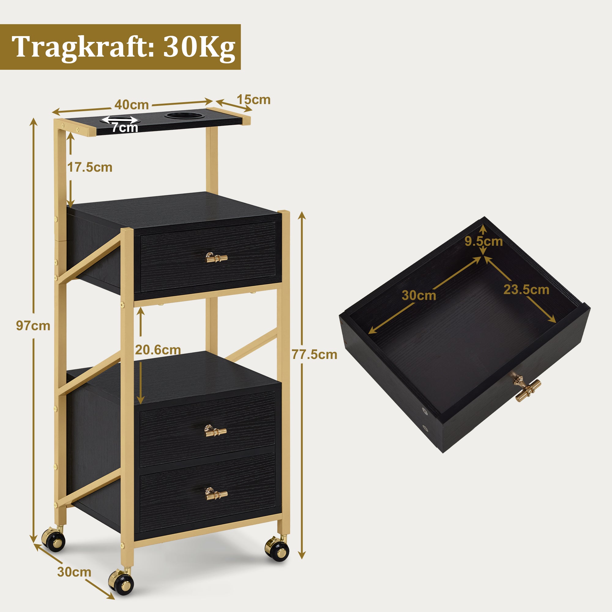 MCombo  Carrello da parrucchiere con ruote e 3 cassetti, carrello mobile/carrello di servizio, bianco e oro, carrello da salone con 2 ripiani e 2 supporti per asciugacapelli, carrello da lavoro moderno per bagno/soggiorno, 30x40x97 cm, 0048
