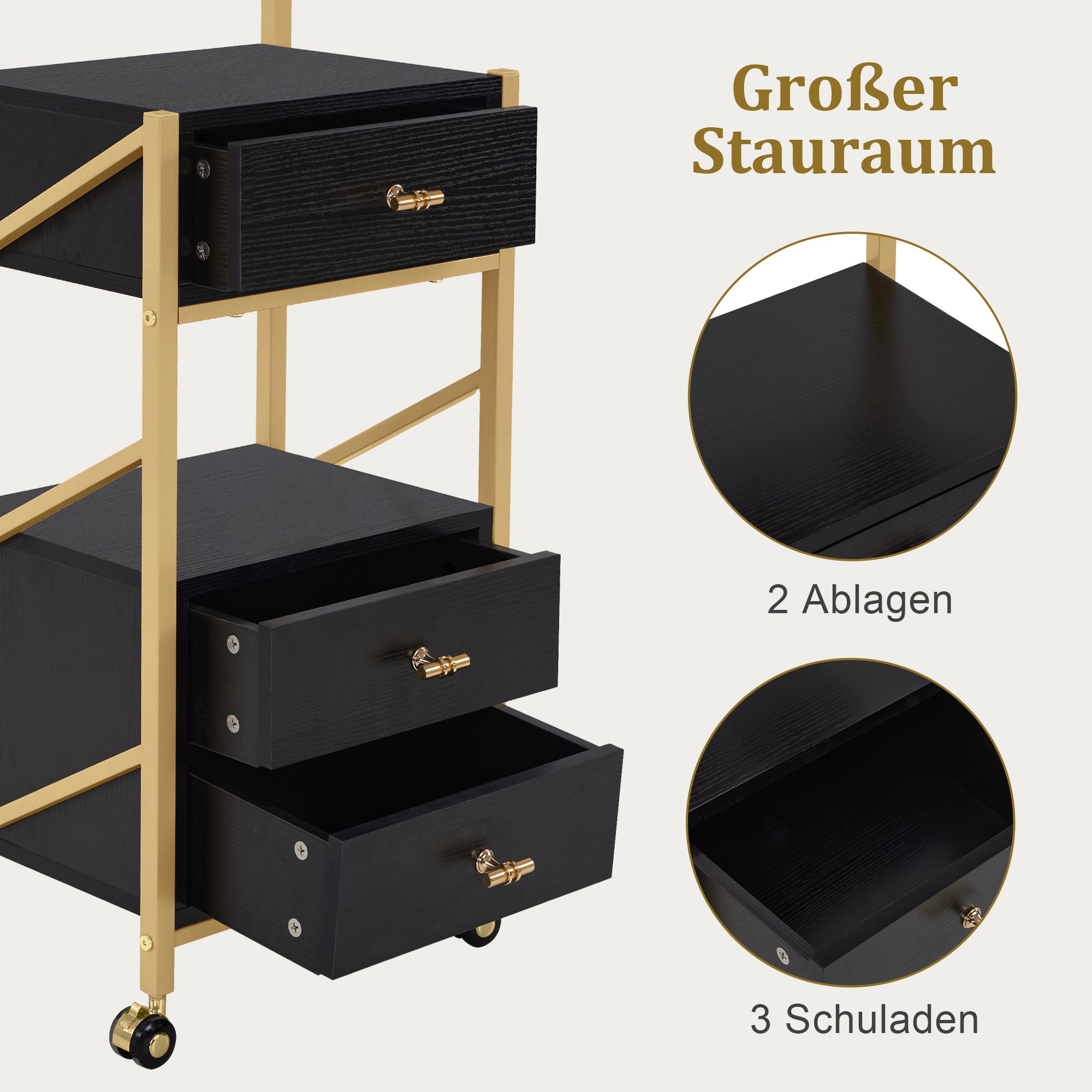 MCombo  Carrello da parrucchiere con ruote e 3 cassetti, carrello mobile/carrello di servizio, bianco e oro, carrello da salone con 2 ripiani e 2 supporti per asciugacapelli, carrello da lavoro moderno per bagno/soggiorno, 30x40x97 cm, 0048