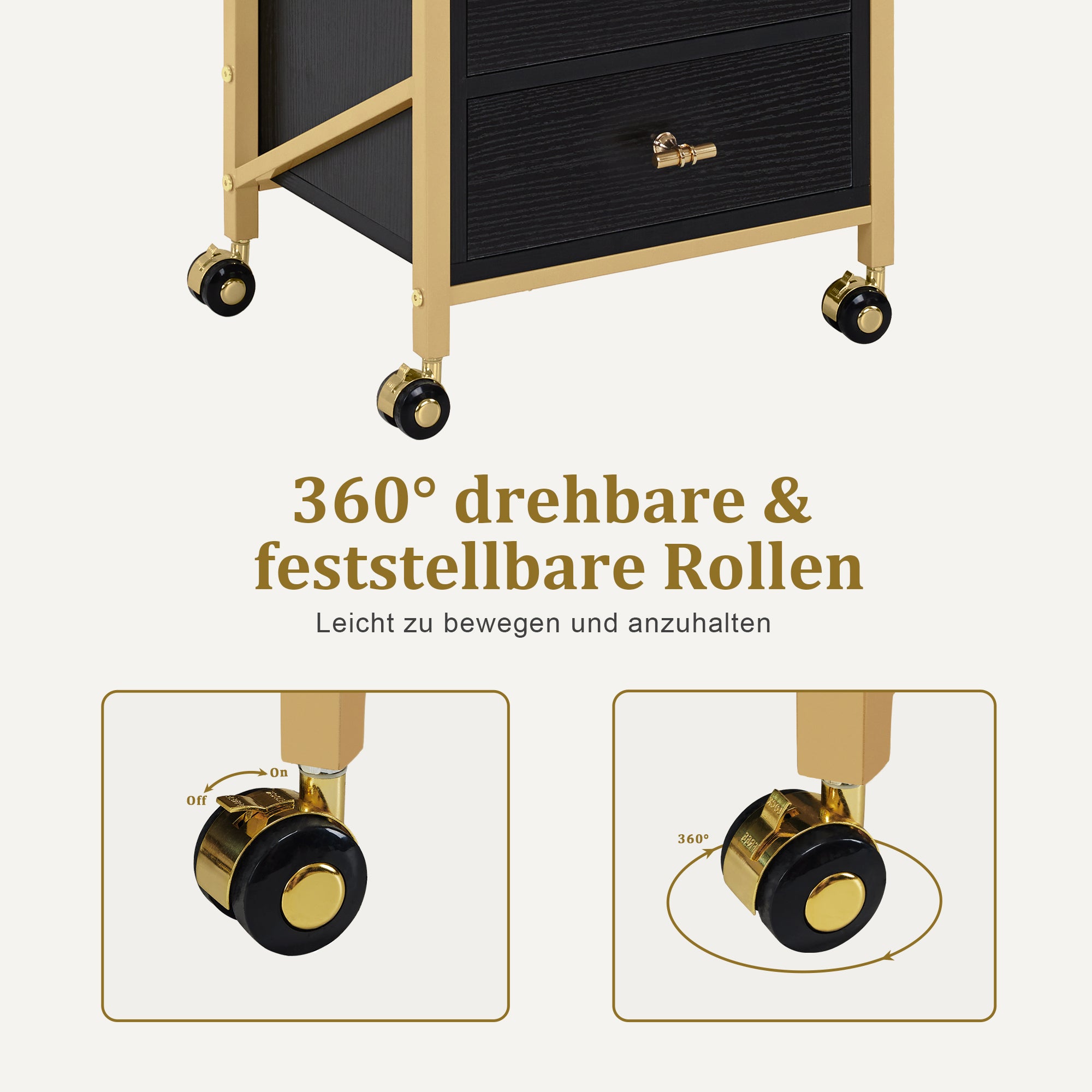 MCombo  Carrello da parrucchiere con ruote e 3 cassetti, carrello mobile/carrello di servizio, bianco e oro, carrello da salone con 2 ripiani e 2 supporti per asciugacapelli, carrello da lavoro moderno per bagno/soggiorno, 30x40x97 cm, 0048