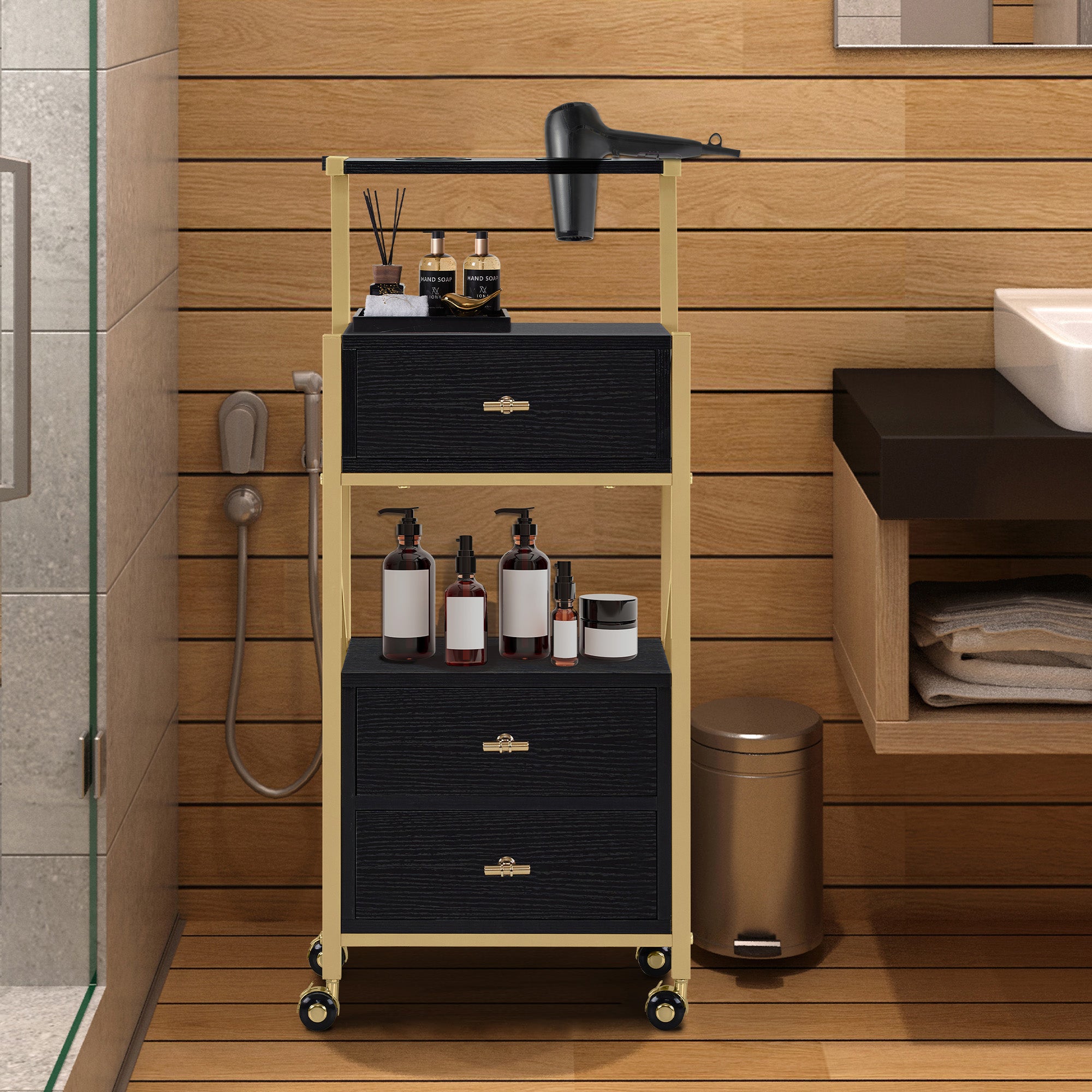 MCombo  Carrello da parrucchiere con ruote e 3 cassetti, carrello mobile/carrello di servizio, bianco e oro, carrello da salone con 2 ripiani e 2 supporti per asciugacapelli, carrello da lavoro moderno per bagno/soggiorno, 30x40x97 cm, 0048