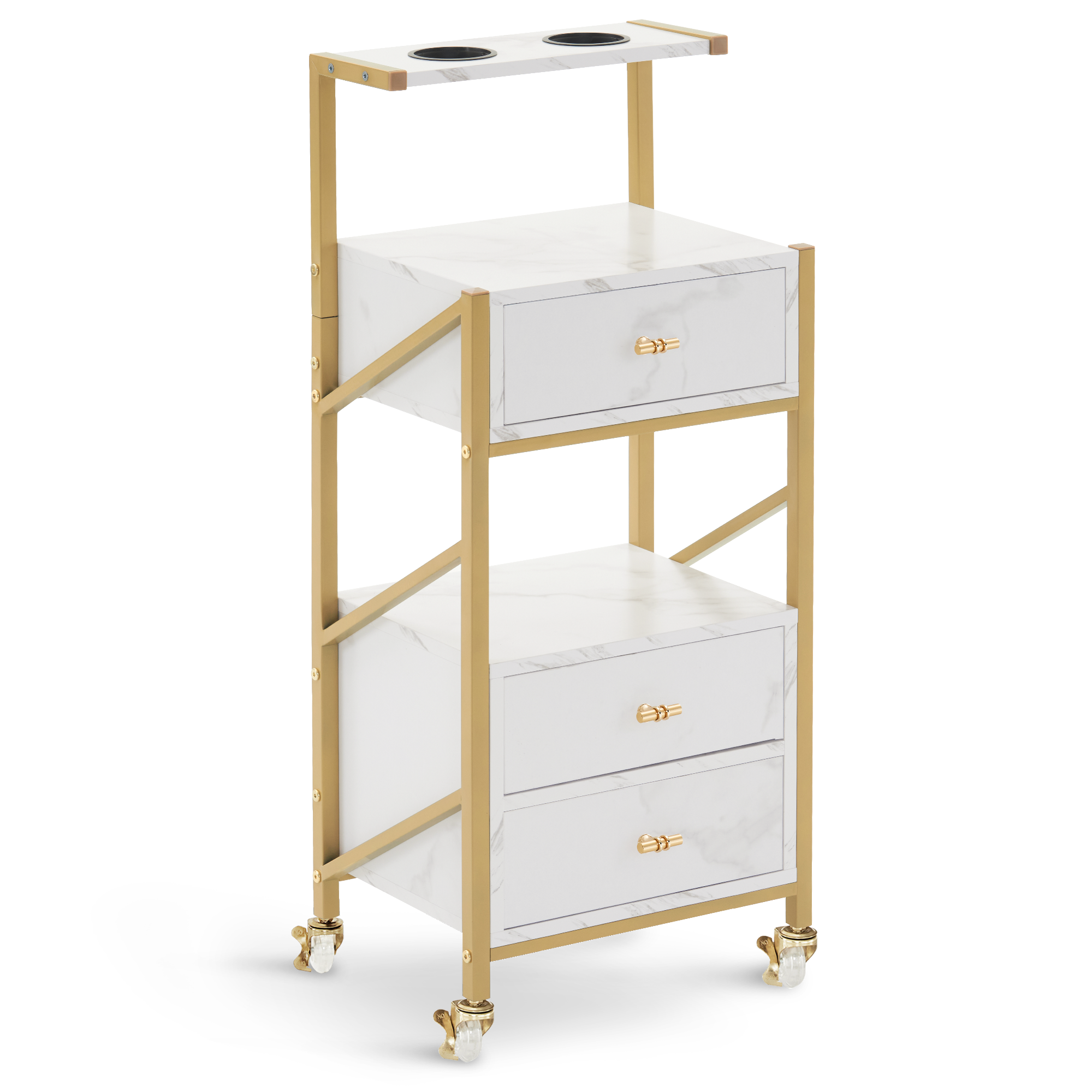 MCombo  Carrello da parrucchiere con ruote e 3 cassetti, carrello mobile/carrello di servizio, bianco e oro, carrello da salone con 2 ripiani e 2 supporti per asciugacapelli, carrello da lavoro moderno per bagno/soggiorno, 30x40x97 cm, 0048
