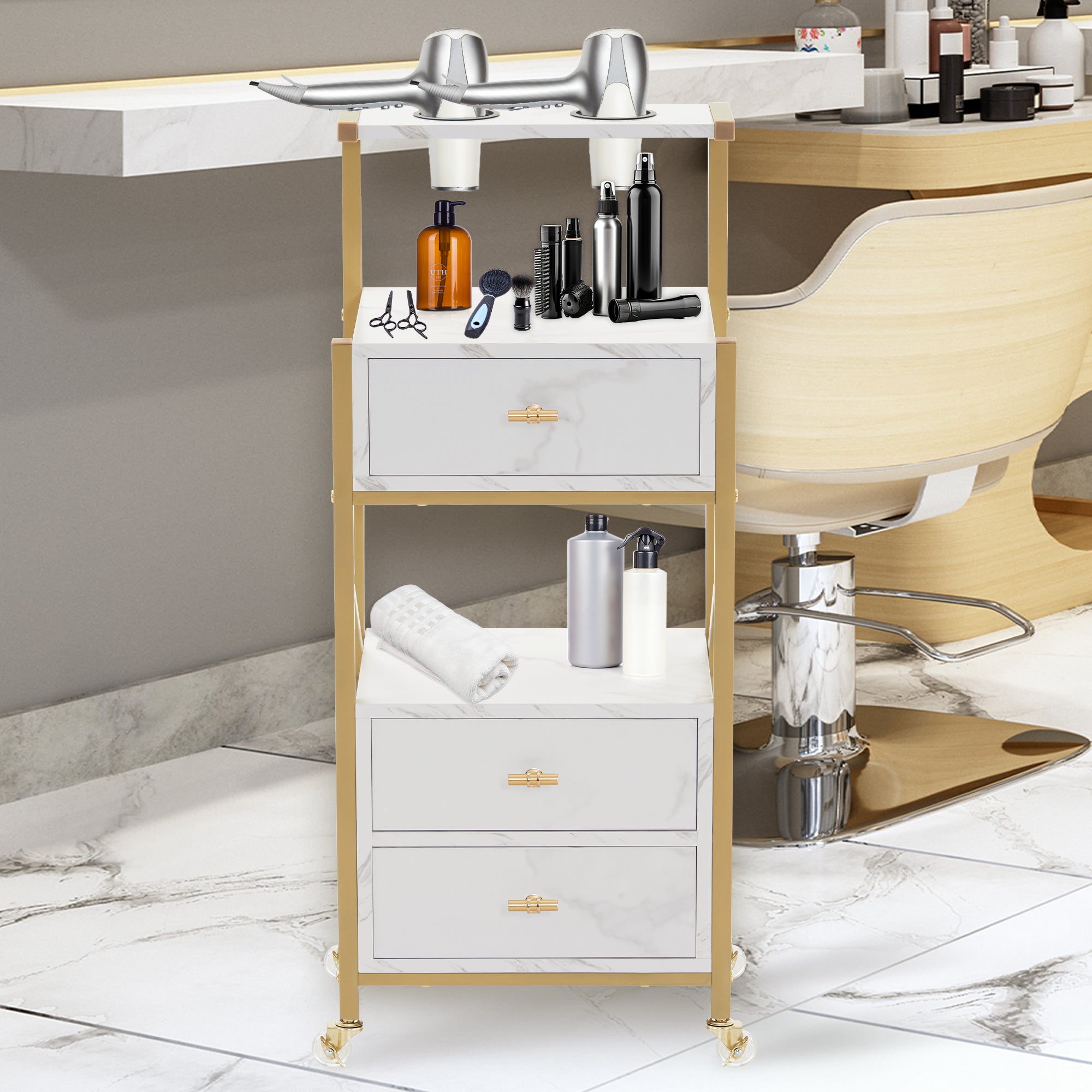 MCombo  Carrello da parrucchiere con ruote e 3 cassetti, carrello mobile/carrello di servizio, bianco e oro, carrello da salone con 2 ripiani e 2 supporti per asciugacapelli, carrello da lavoro moderno per bagno/soggiorno, 30x40x97 cm, 0048