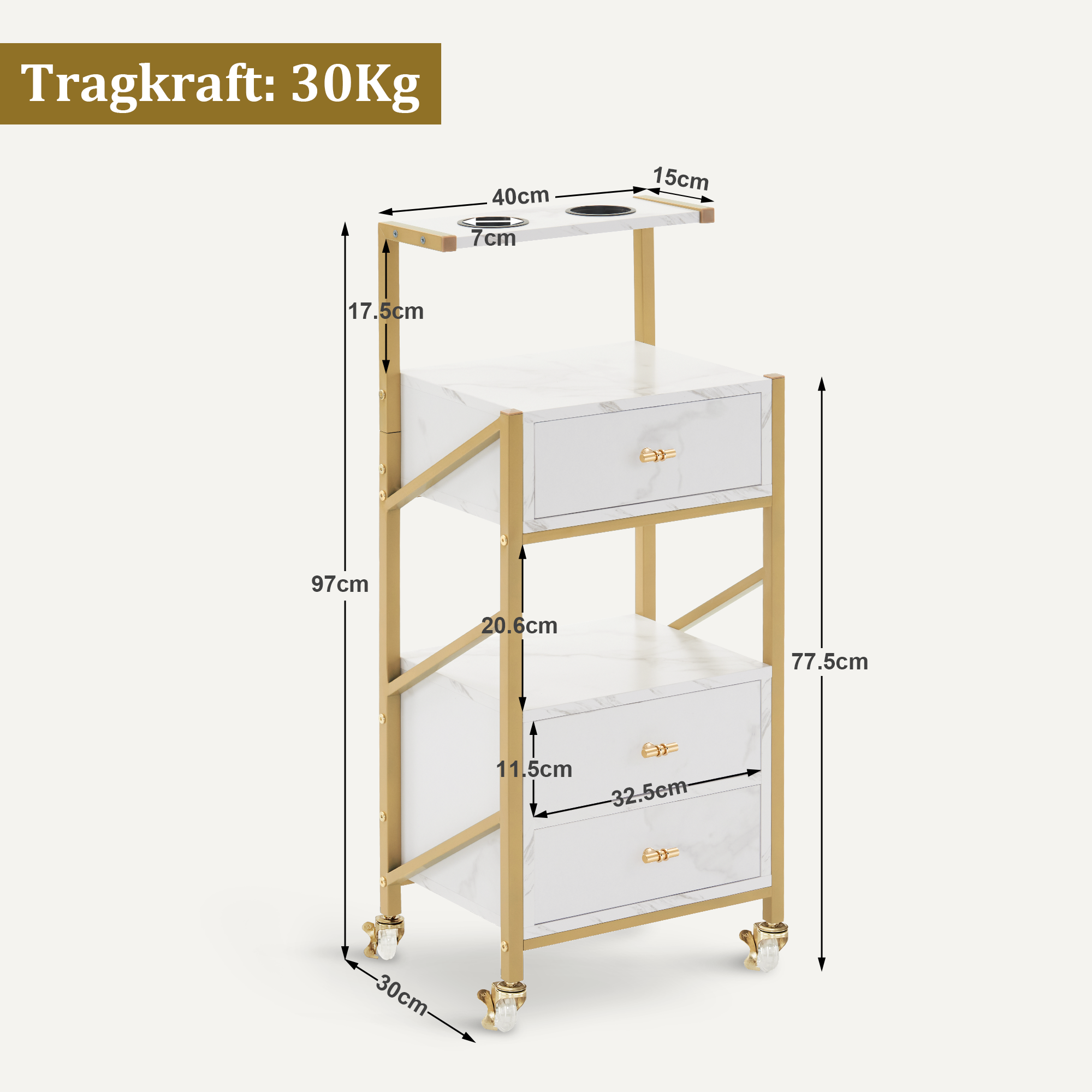 MCombo  Carrello da parrucchiere con ruote e 3 cassetti, carrello mobile/carrello di servizio, bianco e oro, carrello da salone con 2 ripiani e 2 supporti per asciugacapelli, carrello da lavoro moderno per bagno/soggiorno, 30x40x97 cm, 0048