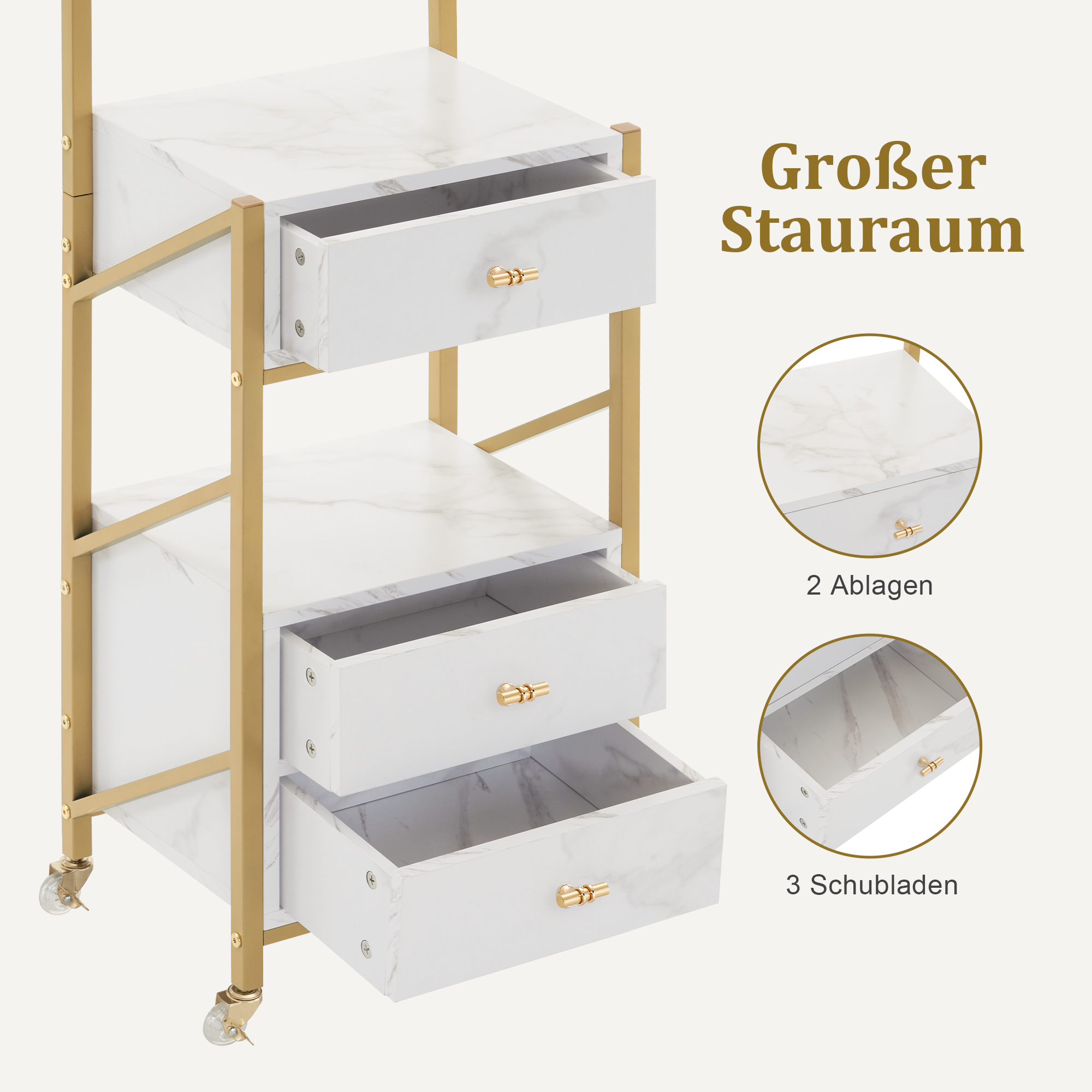 MCombo  Carrello da parrucchiere con ruote e 3 cassetti, carrello mobile/carrello di servizio, bianco e oro, carrello da salone con 2 ripiani e 2 supporti per asciugacapelli, carrello da lavoro moderno per bagno/soggiorno, 30x40x97 cm, 0048