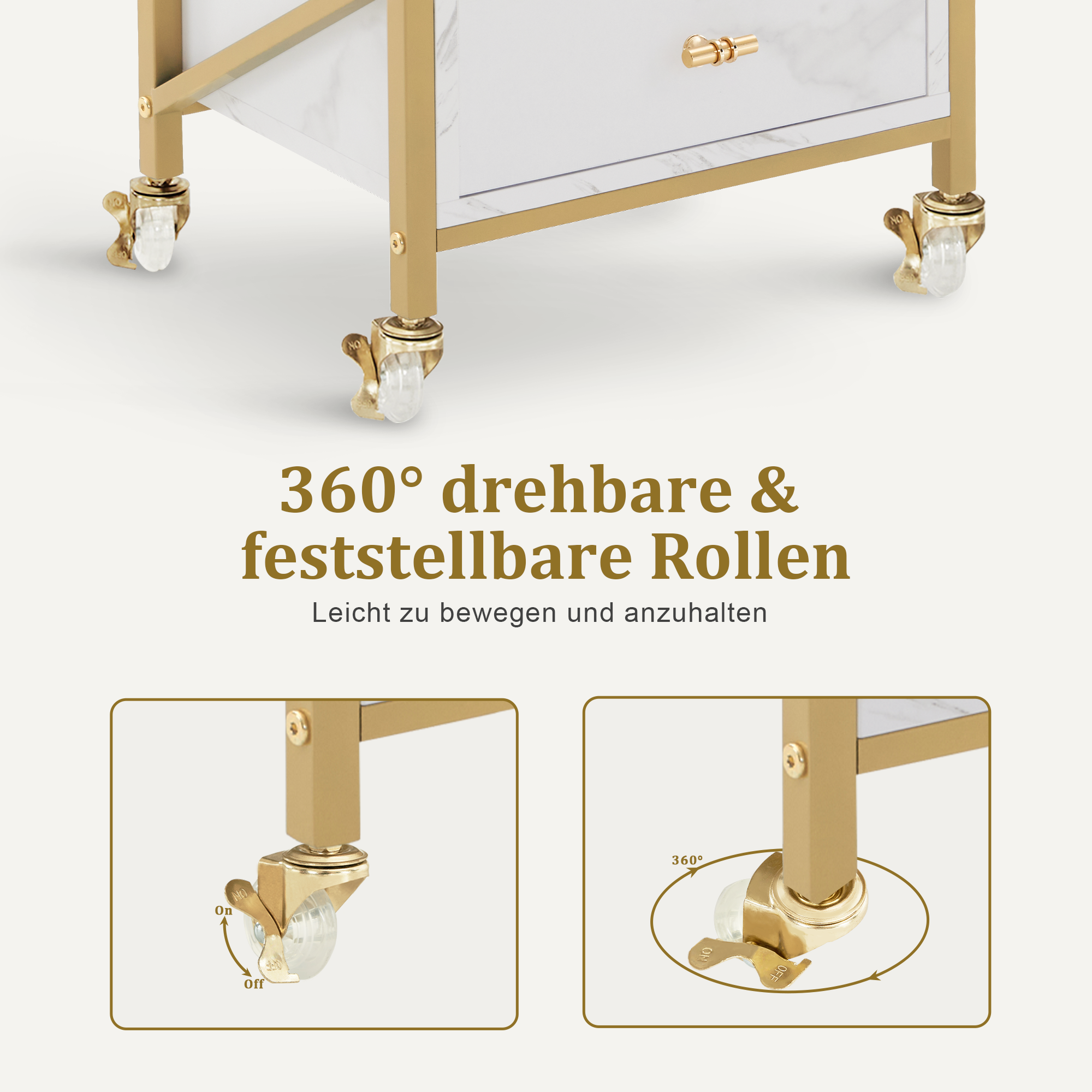 MCombo  Carrello da parrucchiere con ruote e 3 cassetti, carrello mobile/carrello di servizio, bianco e oro, carrello da salone con 2 ripiani e 2 supporti per asciugacapelli, carrello da lavoro moderno per bagno/soggiorno, 30x40x97 cm, 0048