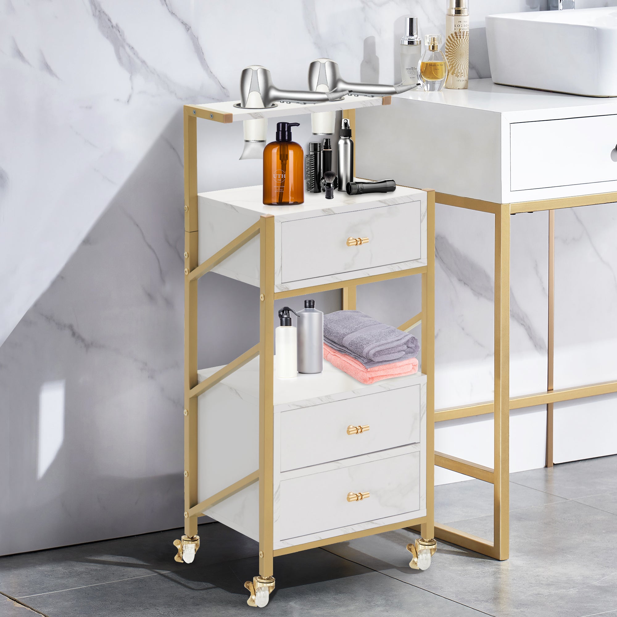 MCombo  Carrello da parrucchiere con ruote e 3 cassetti, carrello mobile/carrello di servizio, bianco e oro, carrello da salone con 2 ripiani e 2 supporti per asciugacapelli, carrello da lavoro moderno per bagno/soggiorno, 30x40x97 cm, 0048