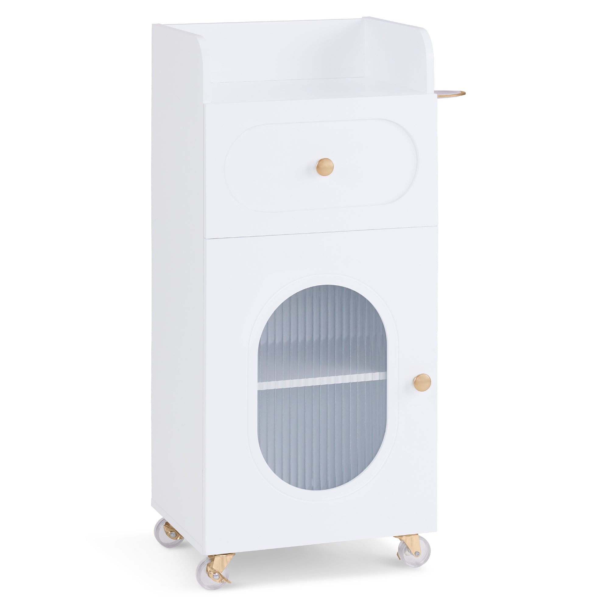 MCombo  Carrello da parrucchiere con ruote e cassetti, carrello mobile/carrello di servizio, bianco, carrello da salone con 3 ripiani e supporto per asciugacapelli, carrello da lavoro moderno per bagno/soggiorno, 31,4 x 37 x 85,5 cm, 0051