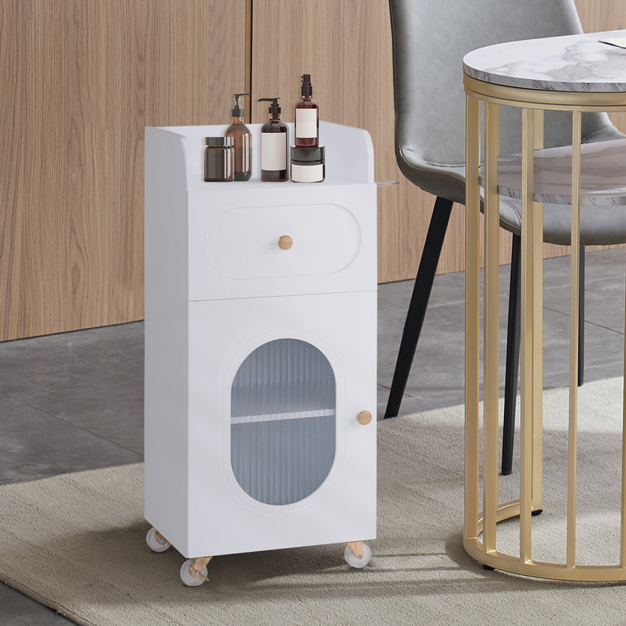 MCombo  Carrello da parrucchiere con ruote e cassetti, carrello mobile/carrello di servizio, bianco, carrello da salone con 3 ripiani e supporto per asciugacapelli, carrello da lavoro moderno per bagno/soggiorno, 31,4 x 37 x 85,5 cm, 0051