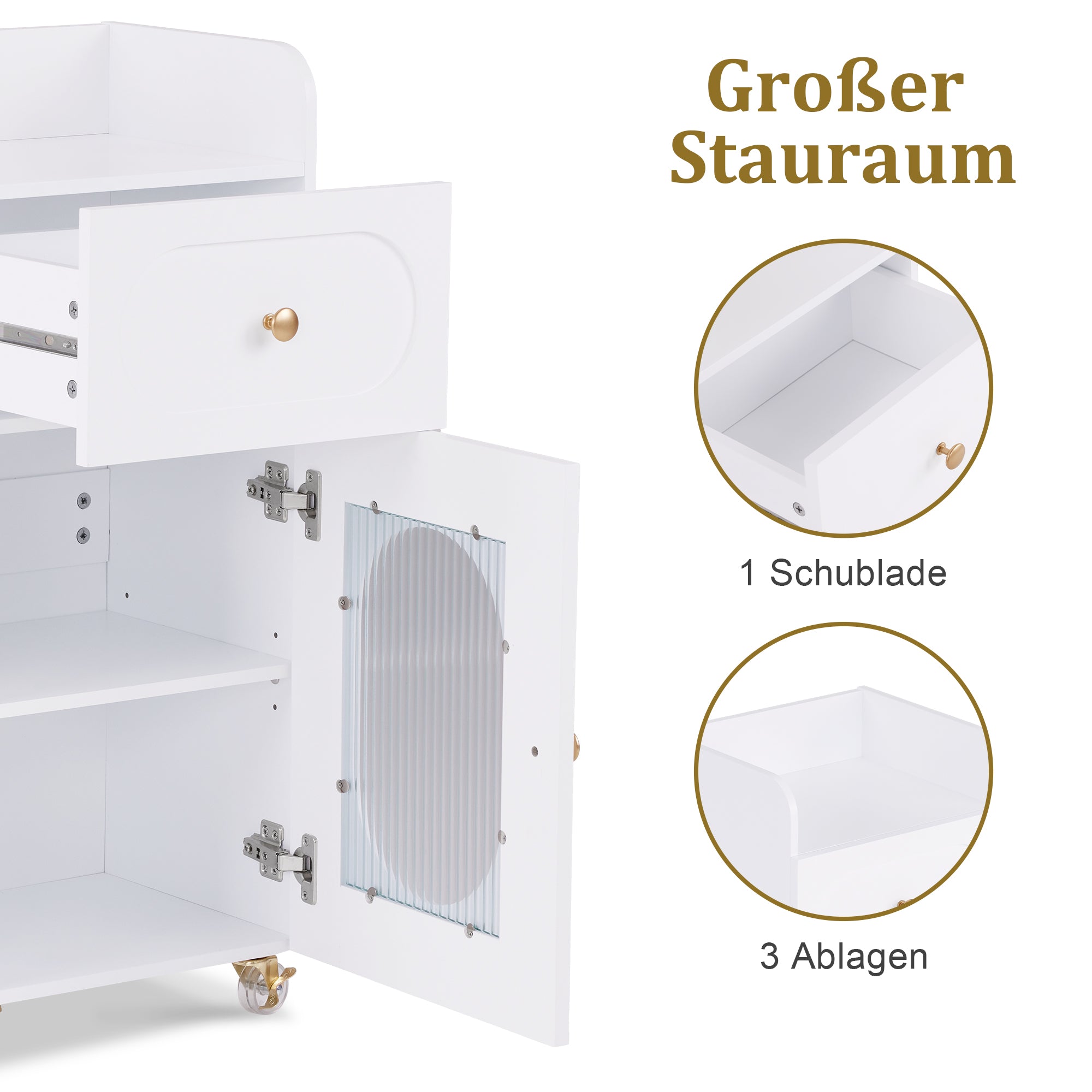 MCombo  Carrello da parrucchiere con ruote e cassetti, carrello mobile/carrello di servizio, bianco, carrello da salone con 3 ripiani e supporto per asciugacapelli, carrello da lavoro moderno per bagno/soggiorno, 31,4 x 37 x 85,5 cm, 0051