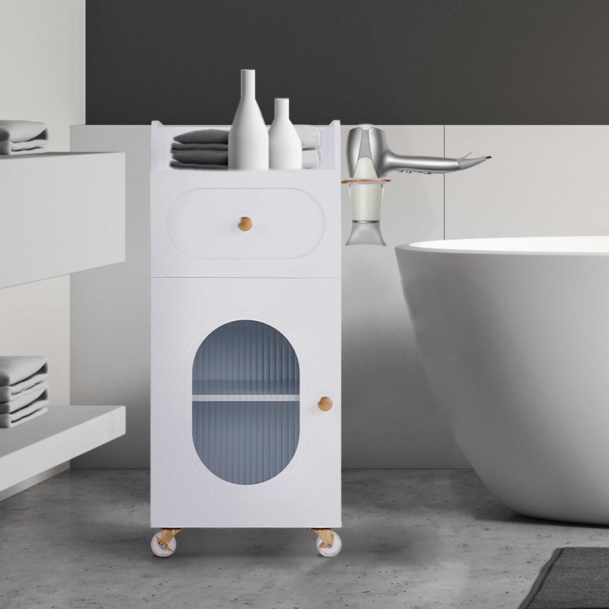 MCombo  Carrello da parrucchiere con ruote e cassetti, carrello mobile/carrello di servizio, bianco, carrello da salone con 3 ripiani e supporto per asciugacapelli, carrello da lavoro moderno per bagno/soggiorno, 31,4 x 37 x 85,5 cm, 0051