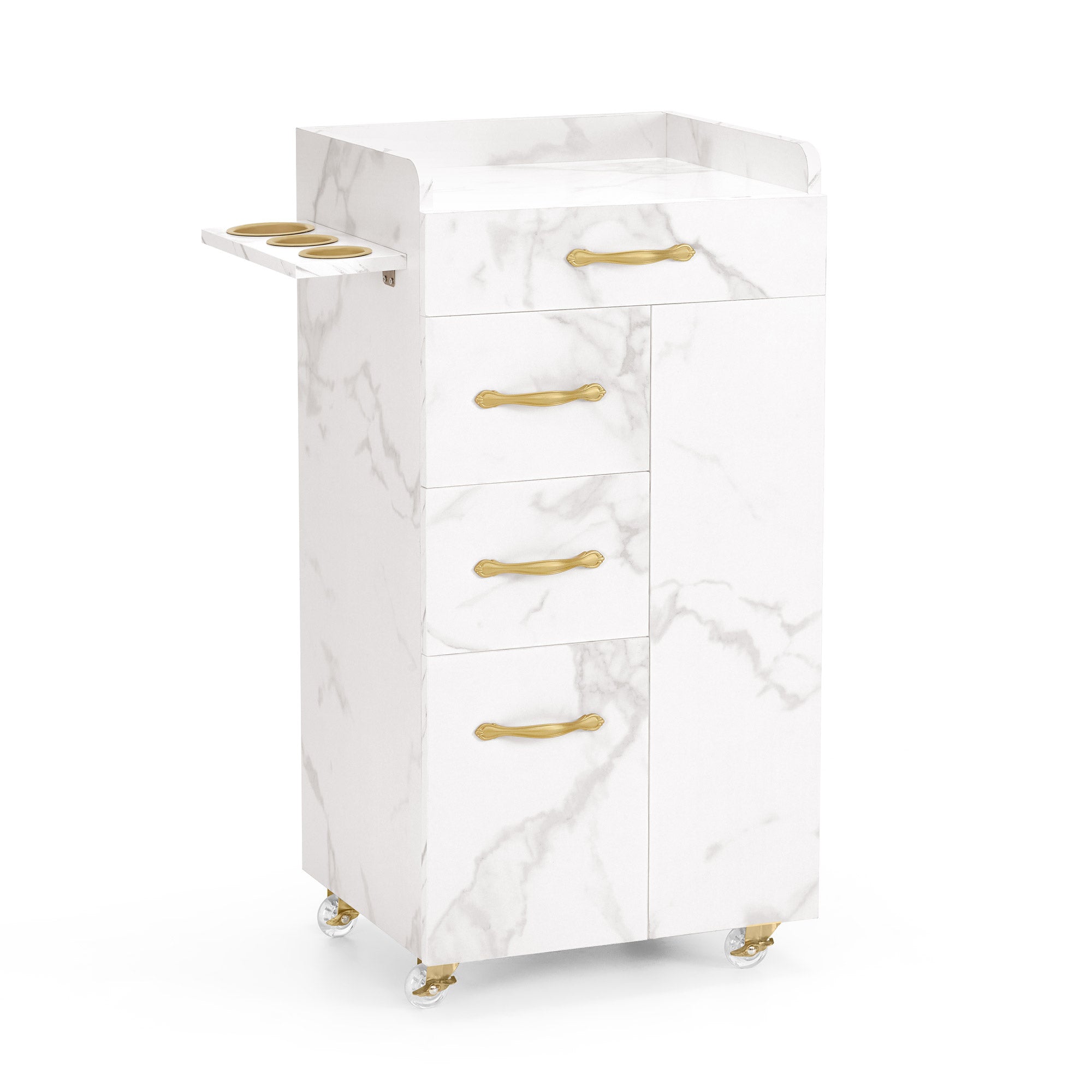 MCombo Carrello per salone di bellezza con 3 cassetti e 2 vani chiusi, dotato di 3 supporti per asciugacapelli; carrello di servizio su ruote per centri estetici e parrucchieri, 39x58x90 cm, 0065 (Bianco e Oro)
