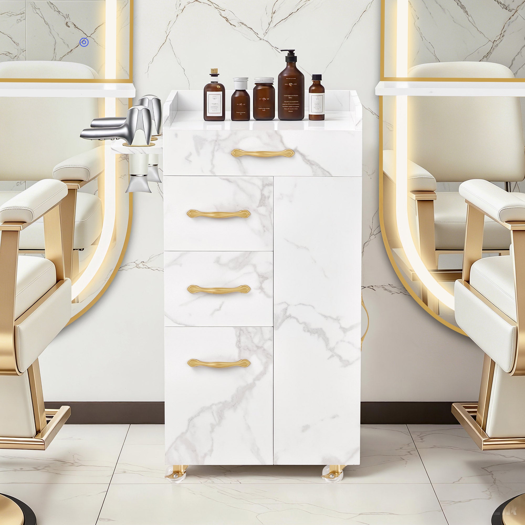 MCombo Carrello per salone di bellezza con 3 cassetti e 2 vani chiusi, dotato di 3 supporti per asciugacapelli; carrello di servizio su ruote per centri estetici e parrucchieri, 39x58x90 cm, 0065 (Bianco e Oro)