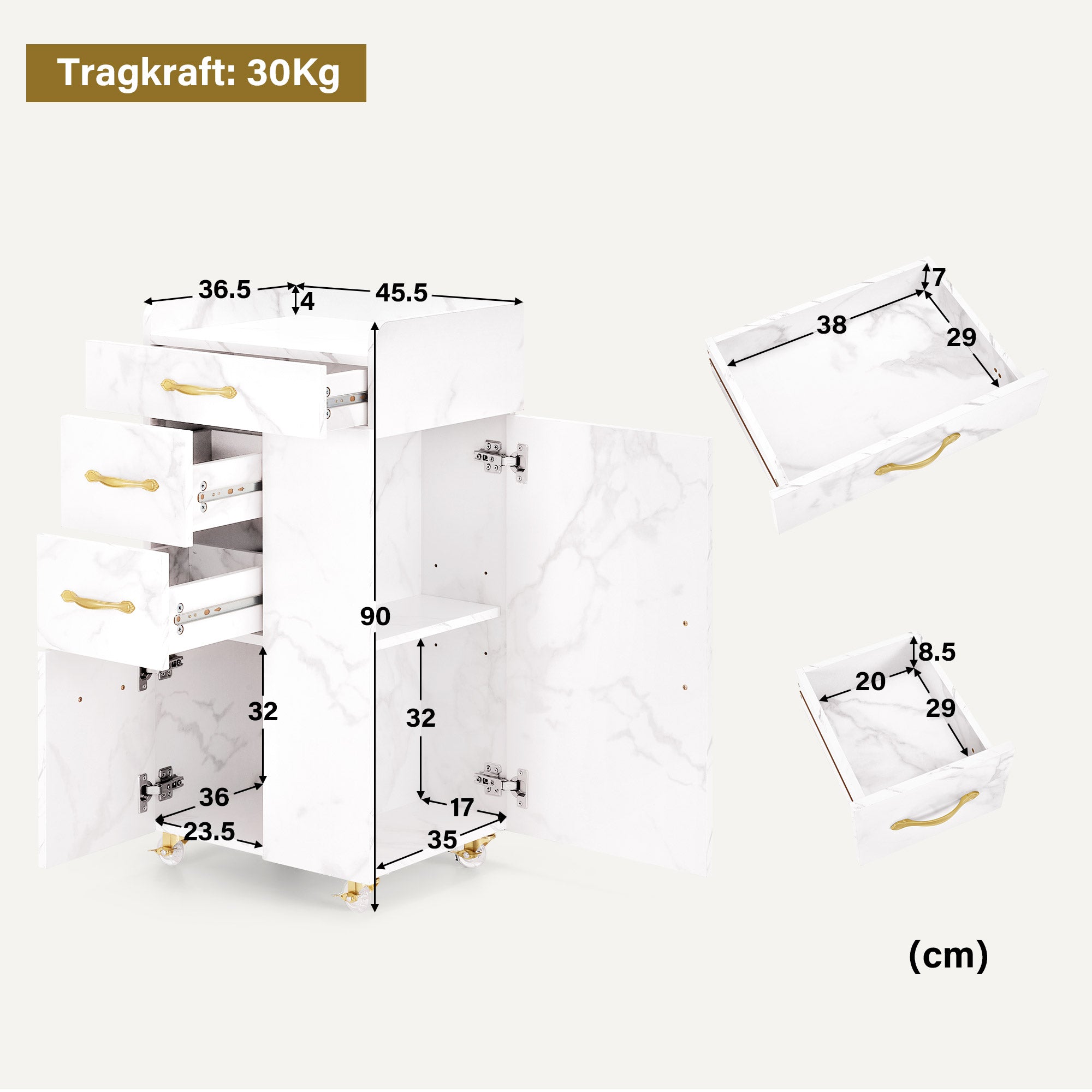 MCombo Carrello per salone di bellezza con 3 cassetti e 2 vani chiusi, dotato di 3 supporti per asciugacapelli; carrello di servizio su ruote per centri estetici e parrucchieri, 39x58x90 cm, 0065 (Bianco e Oro)