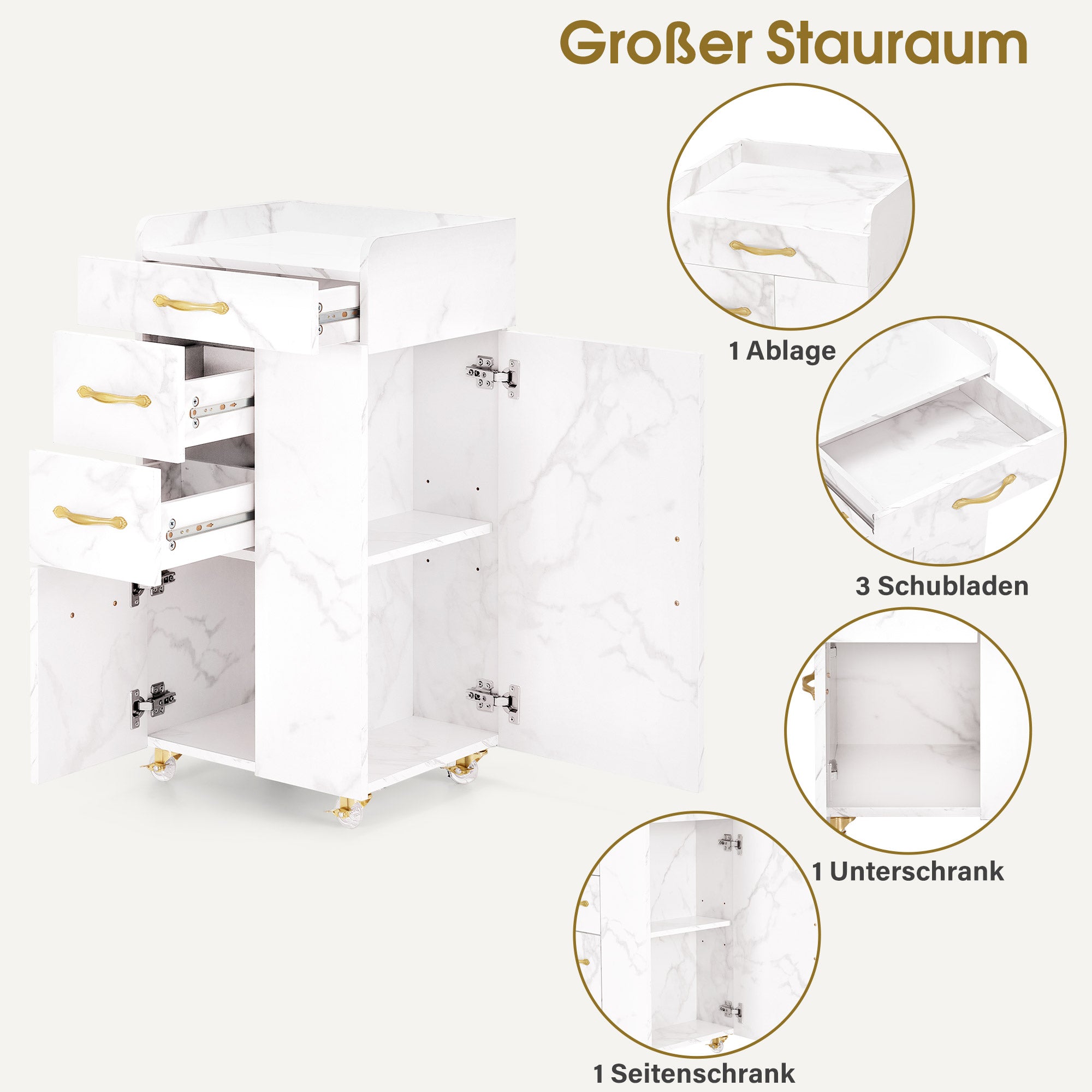 MCombo Carrello per salone di bellezza con 3 cassetti e 2 vani chiusi, dotato di 3 supporti per asciugacapelli; carrello di servizio su ruote per centri estetici e parrucchieri, 39x58x90 cm, 0065 (Bianco e Oro)