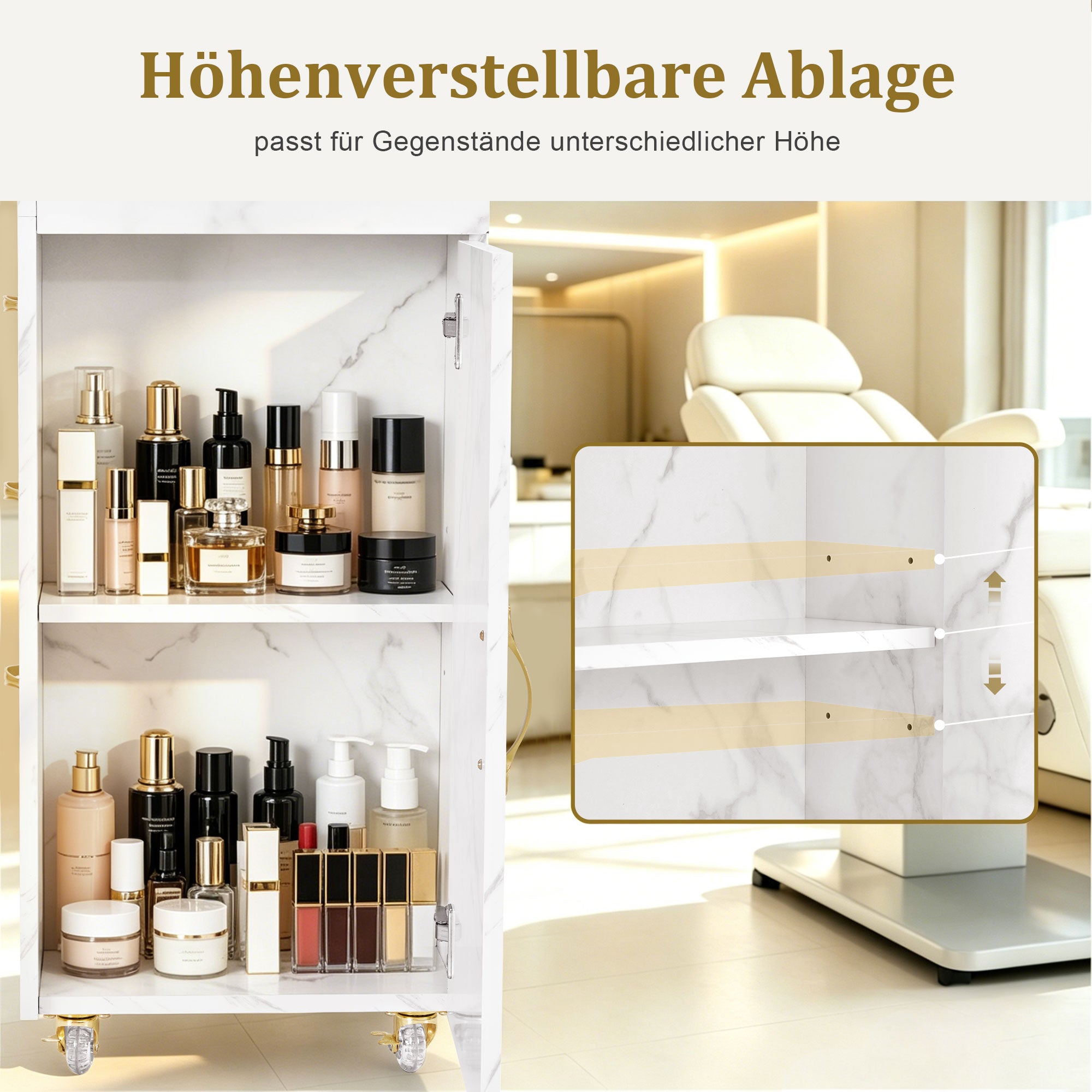 MCombo Carrello per salone di bellezza con 3 cassetti e 2 vani chiusi, dotato di 3 supporti per asciugacapelli; carrello di servizio su ruote per centri estetici e parrucchieri, 39x58x90 cm, 0065 (Bianco e Oro)
