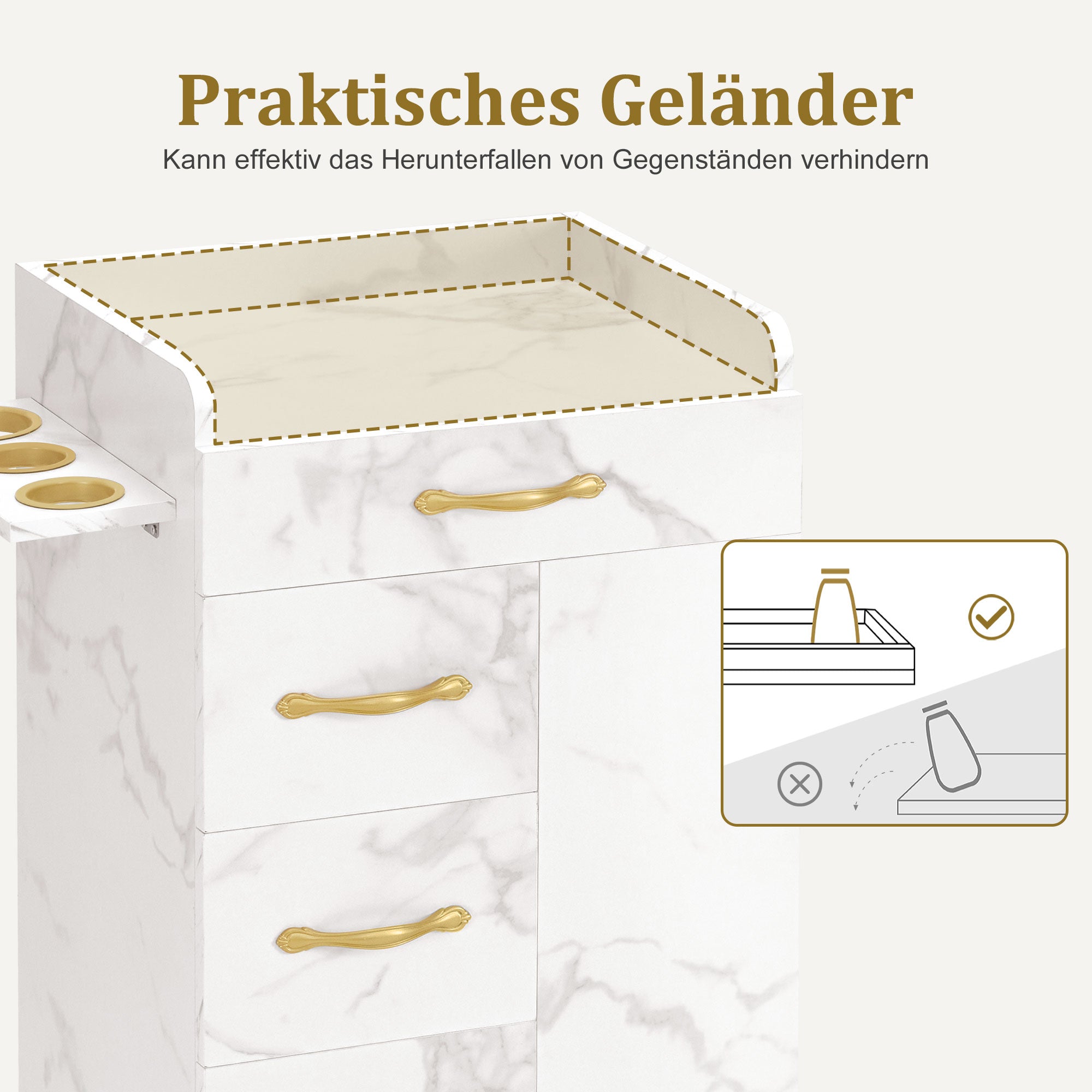 MCombo Carrello per salone di bellezza con 3 cassetti e 2 vani chiusi, dotato di 3 supporti per asciugacapelli; carrello di servizio su ruote per centri estetici e parrucchieri, 39x58x90 cm, 0065 (Bianco e Oro)