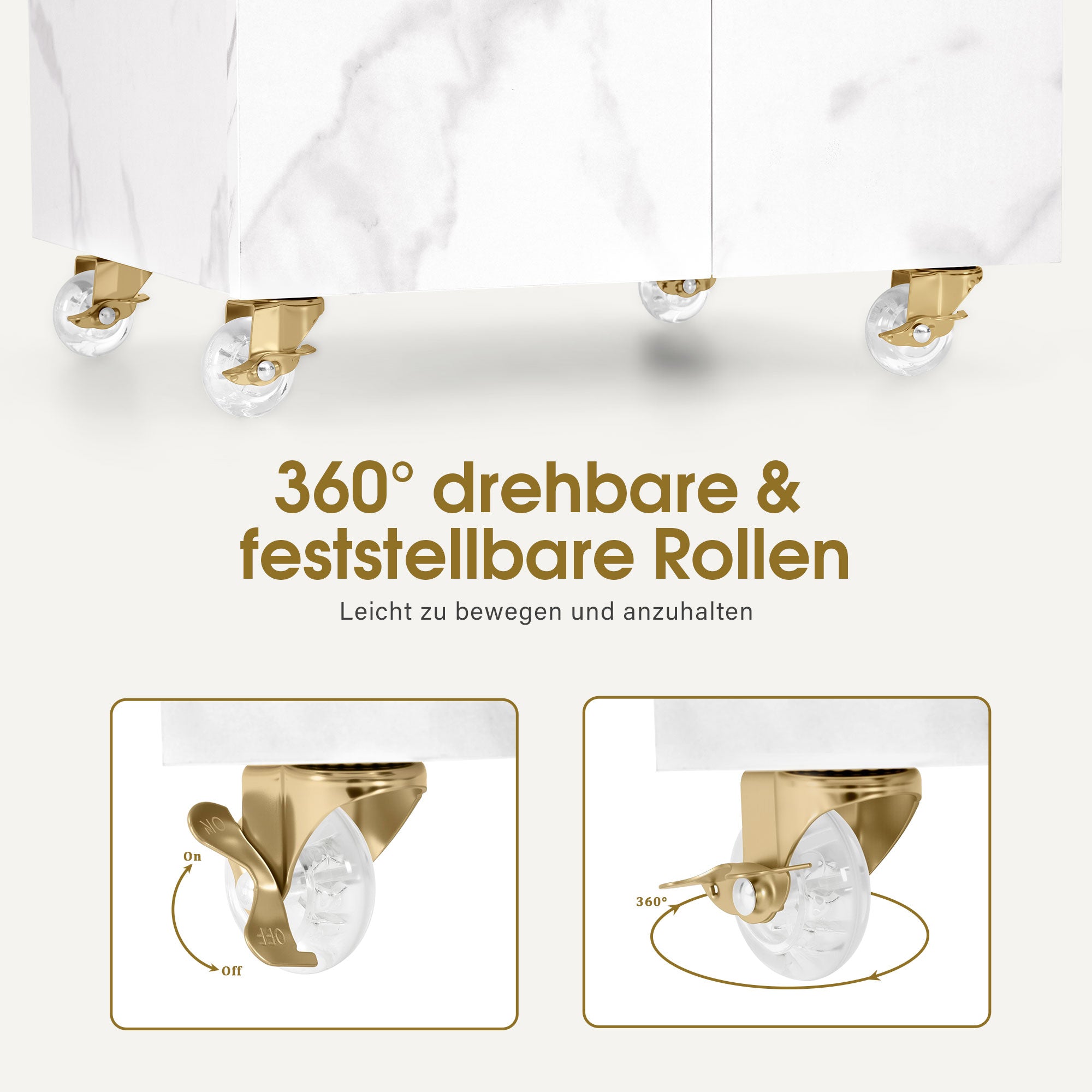 MCombo Carrello per salone di bellezza con 3 cassetti e 2 vani chiusi, dotato di 3 supporti per asciugacapelli; carrello di servizio su ruote per centri estetici e parrucchieri, 39x58x90 cm, 0065 (Bianco e Oro)