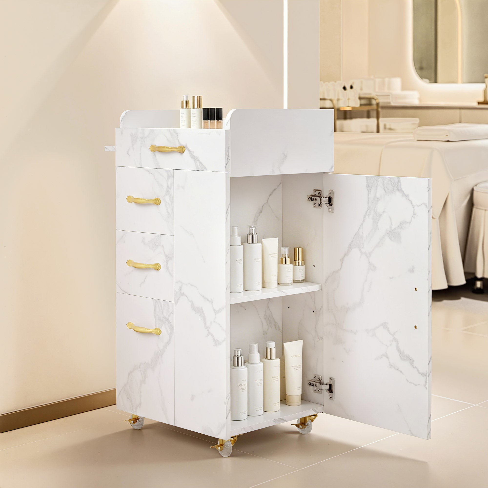 MCombo Carrello per salone di bellezza con 3 cassetti e 2 vani chiusi, dotato di 3 supporti per asciugacapelli; carrello di servizio su ruote per centri estetici e parrucchieri, 39x58x90 cm, 0065 (Bianco e Oro)