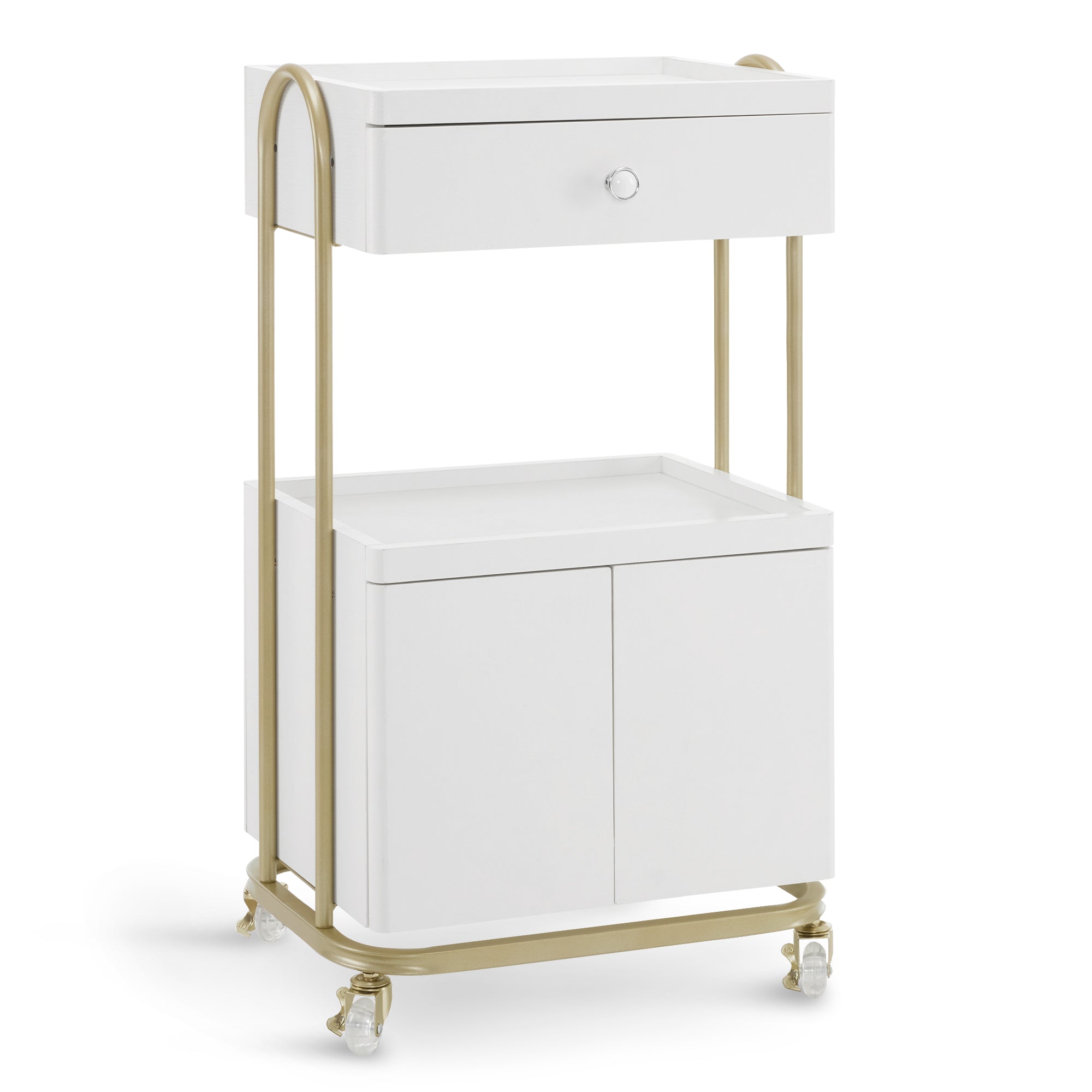 M MCombo Servierwagen met wielen & lade, Rollwagen Friseurwagen Wit-Goud, Salon Trolley met 2 planken en kast, Moderne werkwagen voor badkamer woonkamer, 36x50x87cm, 0086