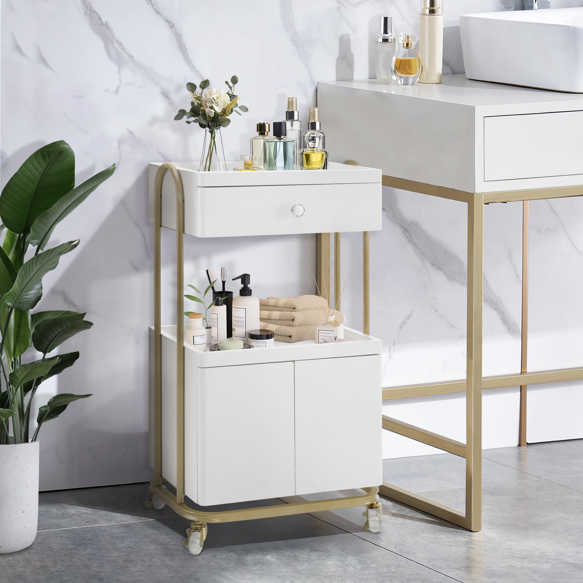 M MCombo Servierwagen met wielen & lade, Rollwagen Friseurwagen Wit-Goud, Salon Trolley met 2 planken en kast, Moderne werkwagen voor badkamer woonkamer, 36x50x87cm, 0086