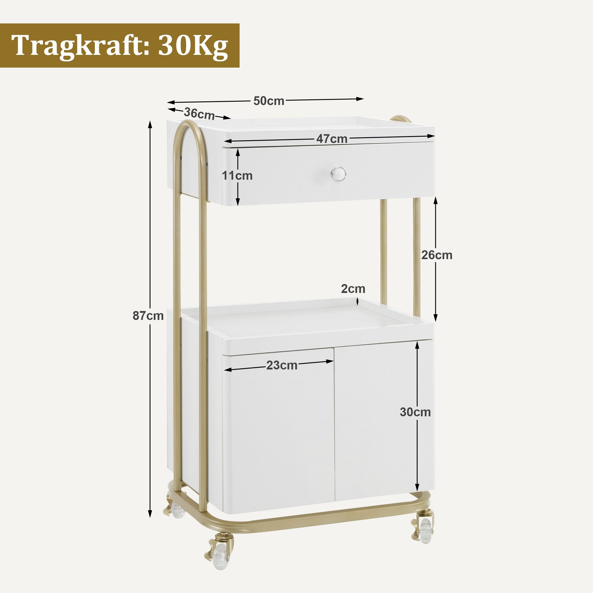 M MCombo Servierwagen met wielen & lade, Rollwagen Friseurwagen Wit-Goud, Salon Trolley met 2 planken en kast, Moderne werkwagen voor badkamer woonkamer, 36x50x87cm, 0086