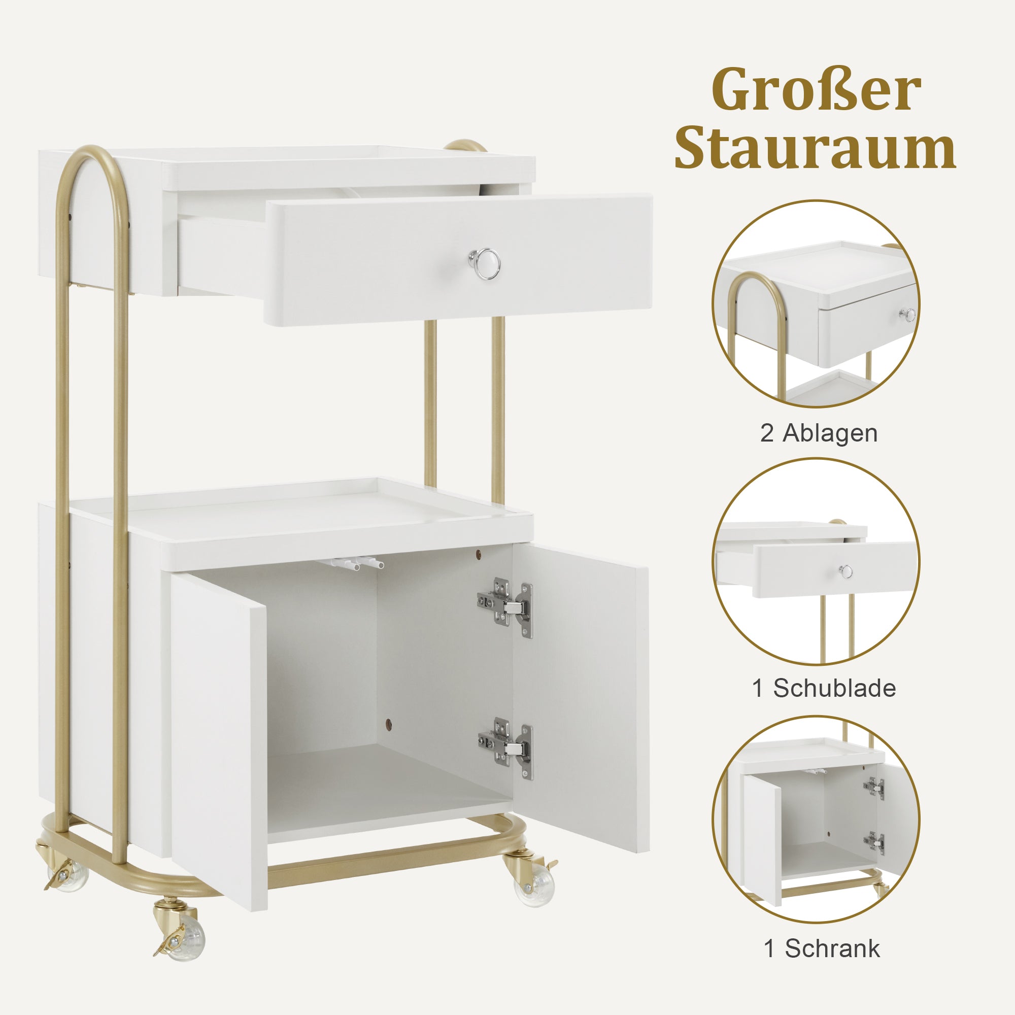 M MCombo Servierwagen met wielen & lade, Rollwagen Friseurwagen Wit-Goud, Salon Trolley met 2 planken en kast, Moderne werkwagen voor badkamer woonkamer, 36x50x87cm, 0086