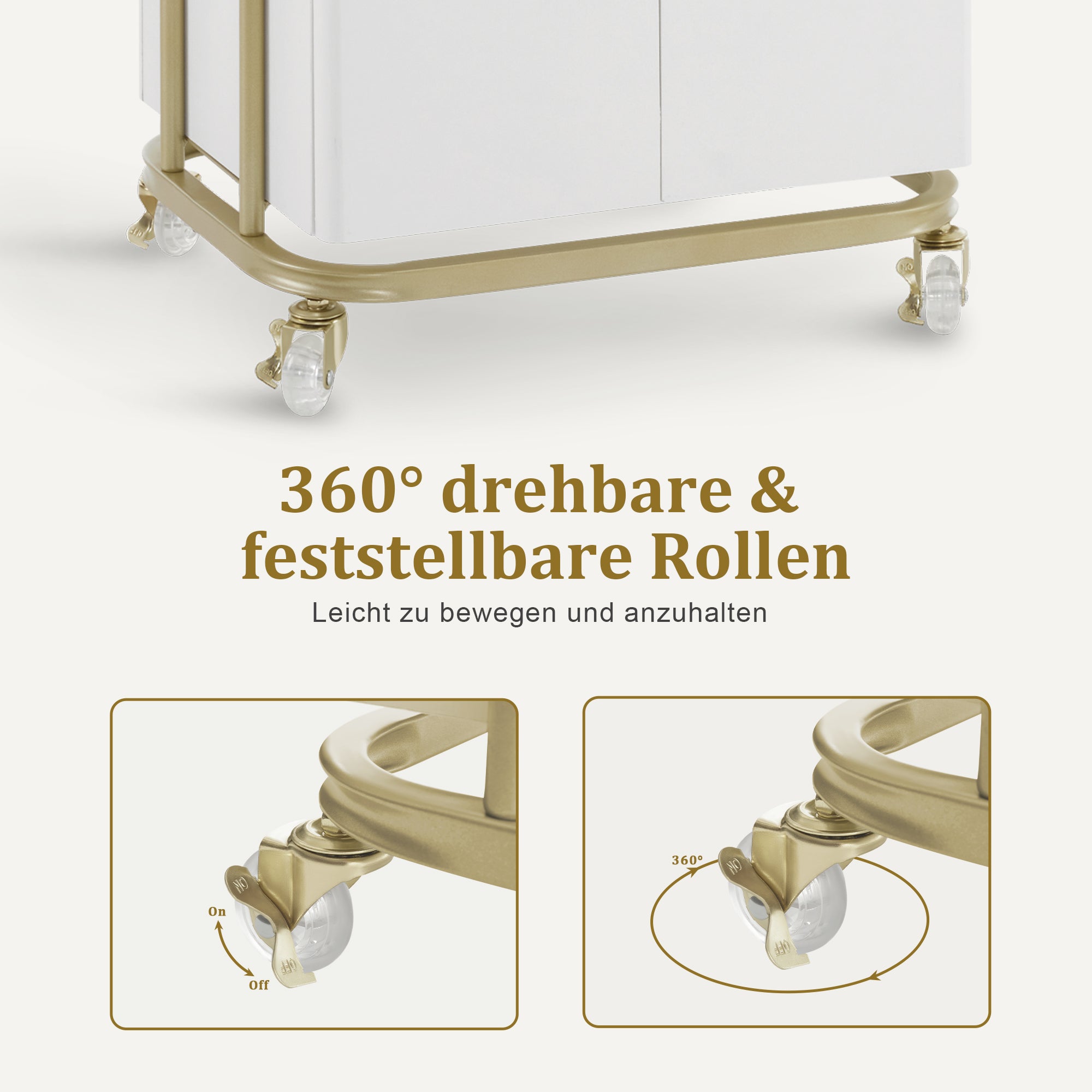 M MCombo Servierwagen met wielen & lade, Rollwagen Friseurwagen Wit-Goud, Salon Trolley met 2 planken en kast, Moderne werkwagen voor badkamer woonkamer, 36x50x87cm, 0086