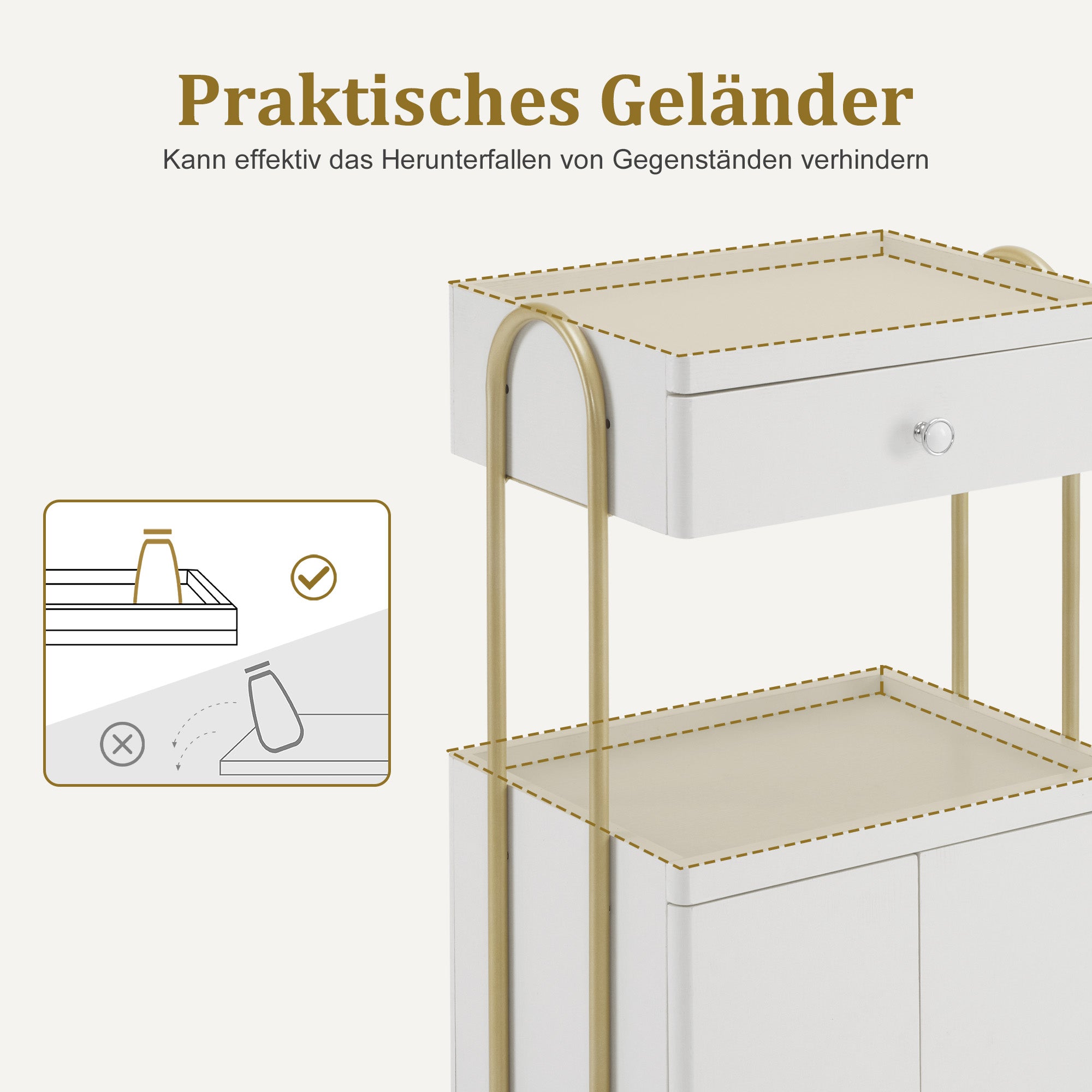 M MCombo Servierwagen met wielen & lade, Rollwagen Friseurwagen Wit-Goud, Salon Trolley met 2 planken en kast, Moderne werkwagen voor badkamer woonkamer, 36x50x87cm, 0086