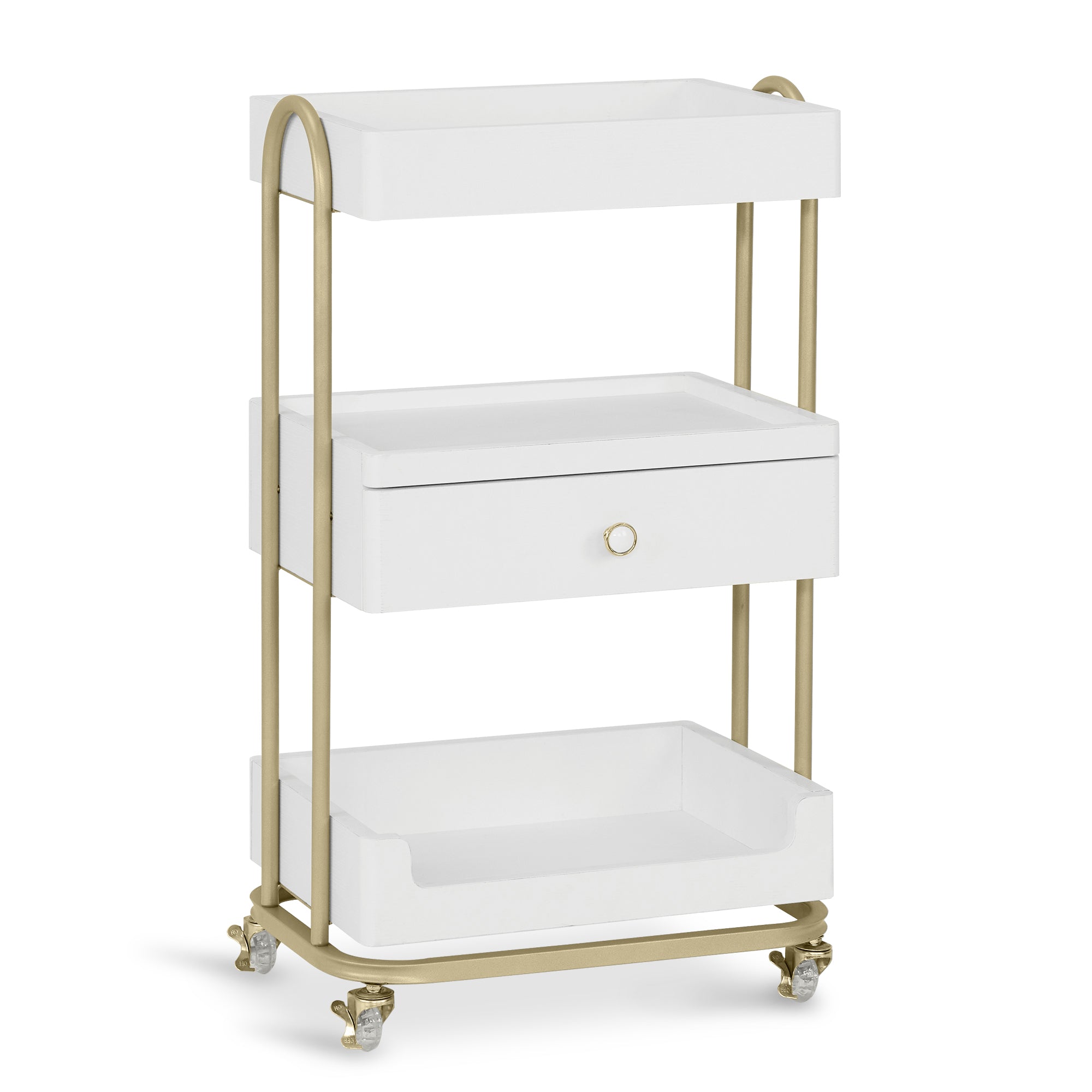 MCombo Carrello di servizio con ruote e cassetto, carrello su ruote, carrello da parrucchiere, bianco-oro, carrello da salone con 3 ripiani, carrello da lavoro moderno per bagno e soggiorno, 37x51x87 cm, 0093