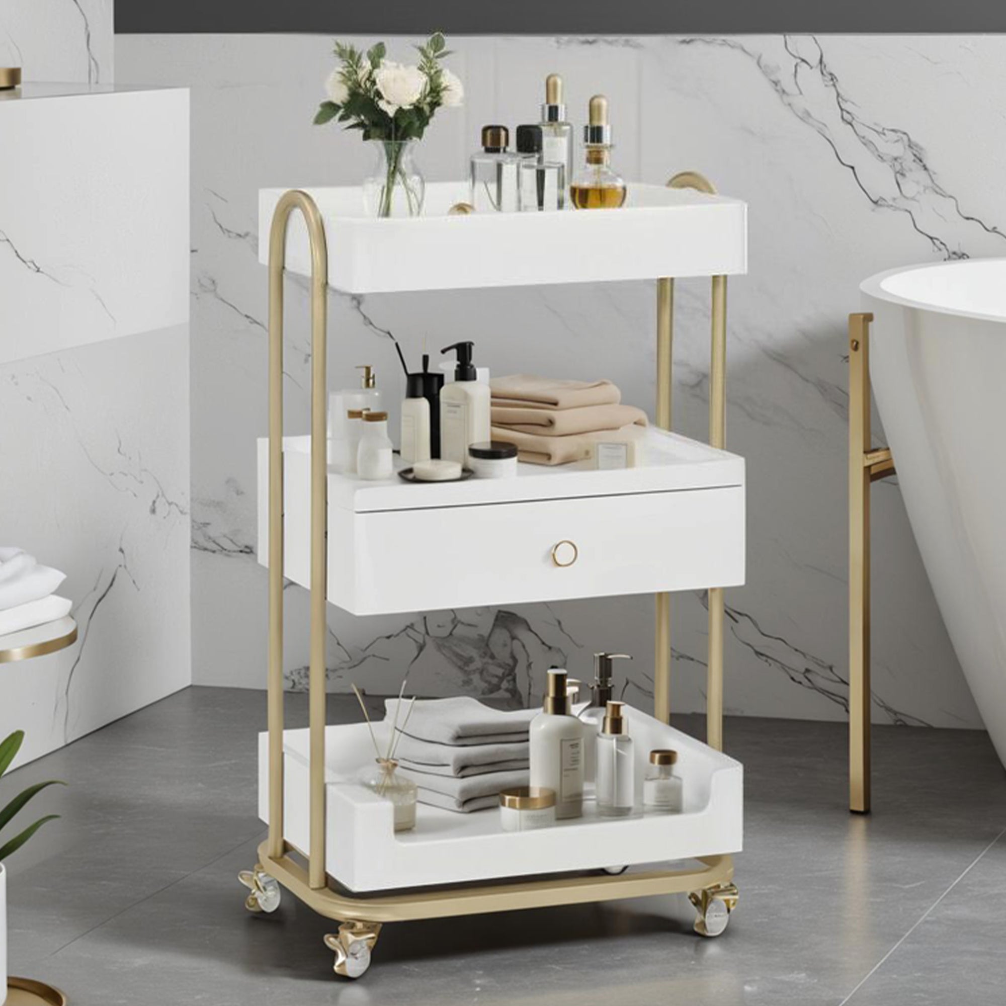 MCombo Carrello di servizio con ruote e cassetto, carrello su ruote, carrello da parrucchiere, bianco-oro, carrello da salone con 3 ripiani, carrello da lavoro moderno per bagno e soggiorno, 37x51x87 cm, 0093