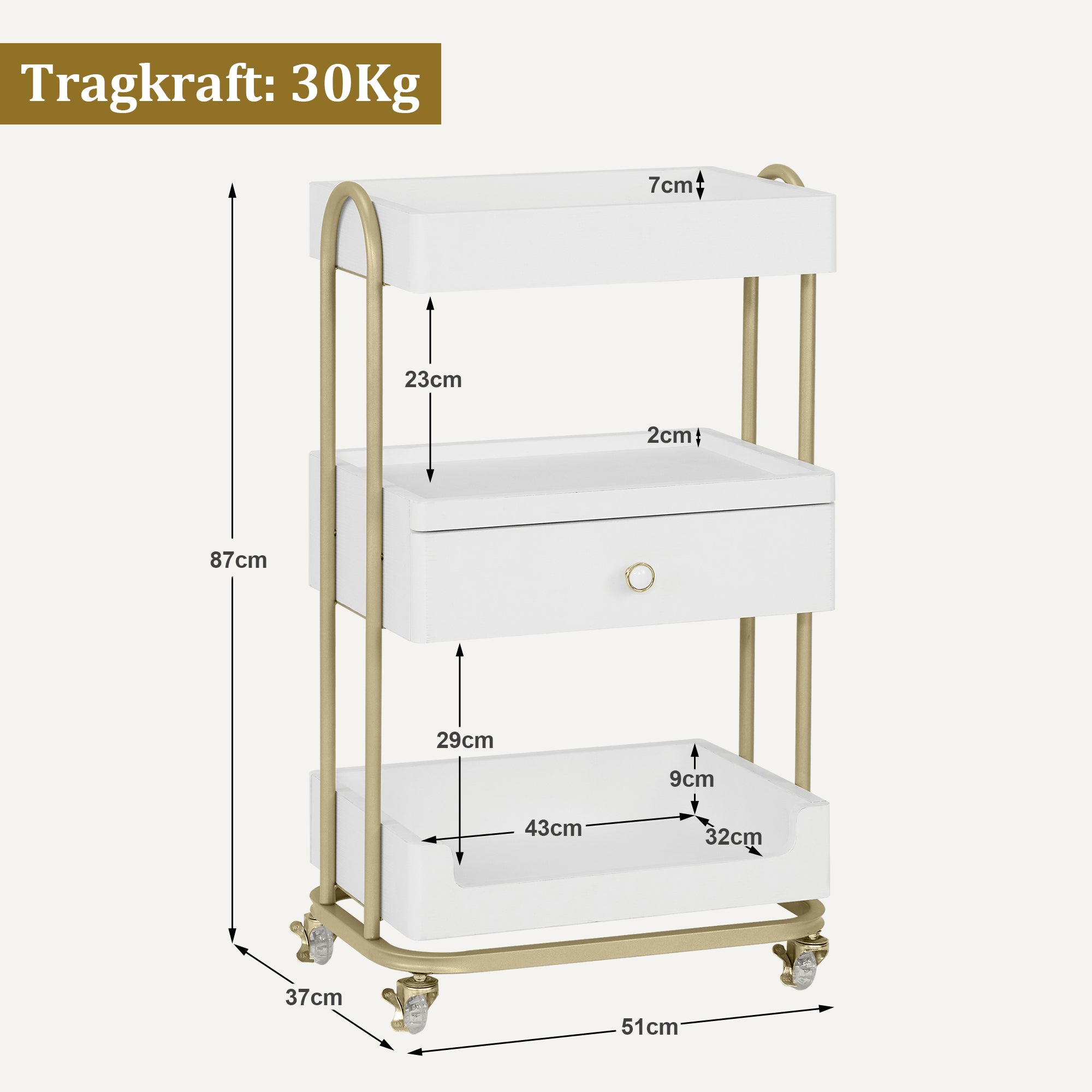 MCombo Carrello di servizio con ruote e cassetto, carrello su ruote, carrello da parrucchiere, bianco-oro, carrello da salone con 3 ripiani, carrello da lavoro moderno per bagno e soggiorno, 37x51x87 cm, 0093