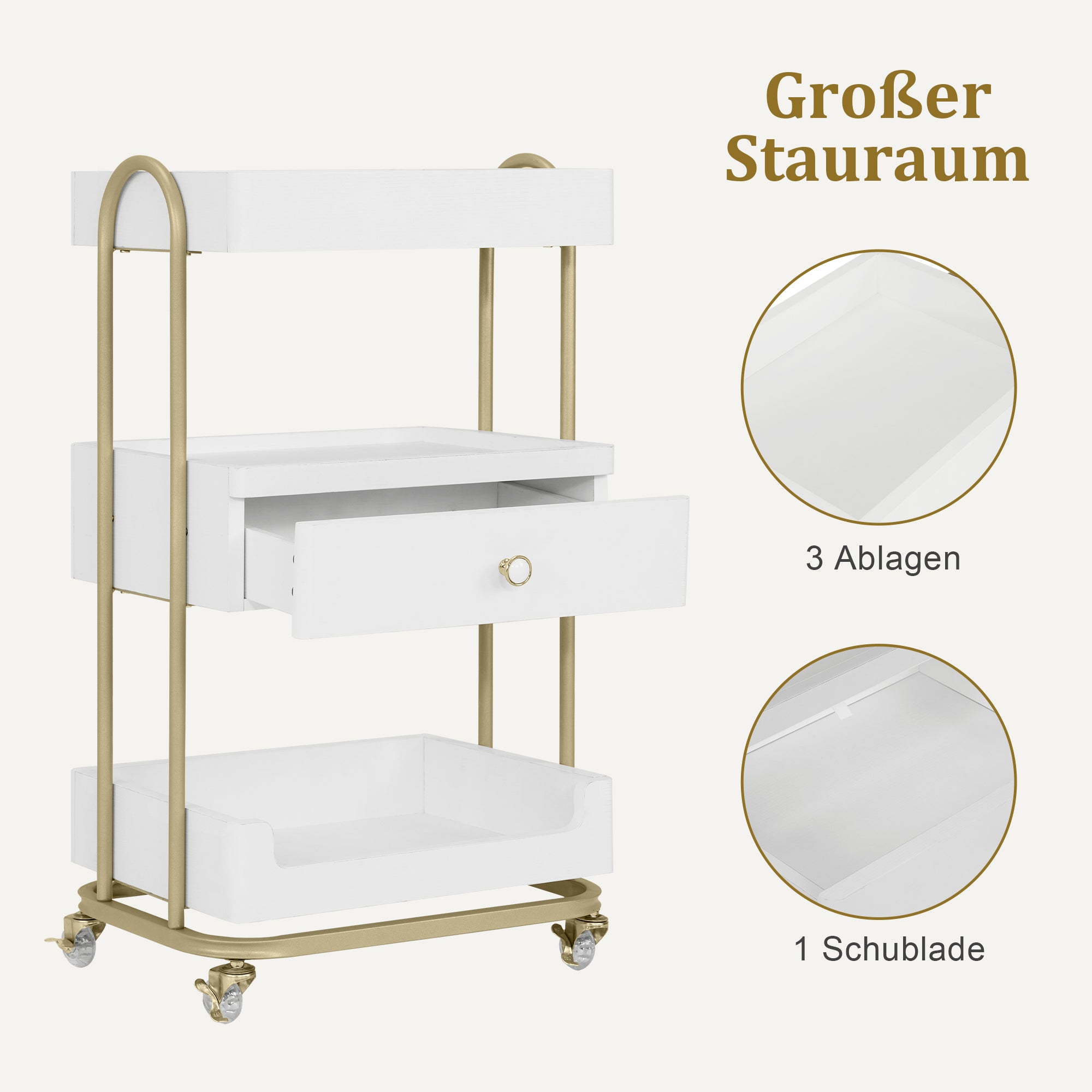 MCombo Carrello di servizio con ruote e cassetto, carrello su ruote, carrello da parrucchiere, bianco-oro, carrello da salone con 3 ripiani, carrello da lavoro moderno per bagno e soggiorno, 37x51x87 cm, 0093