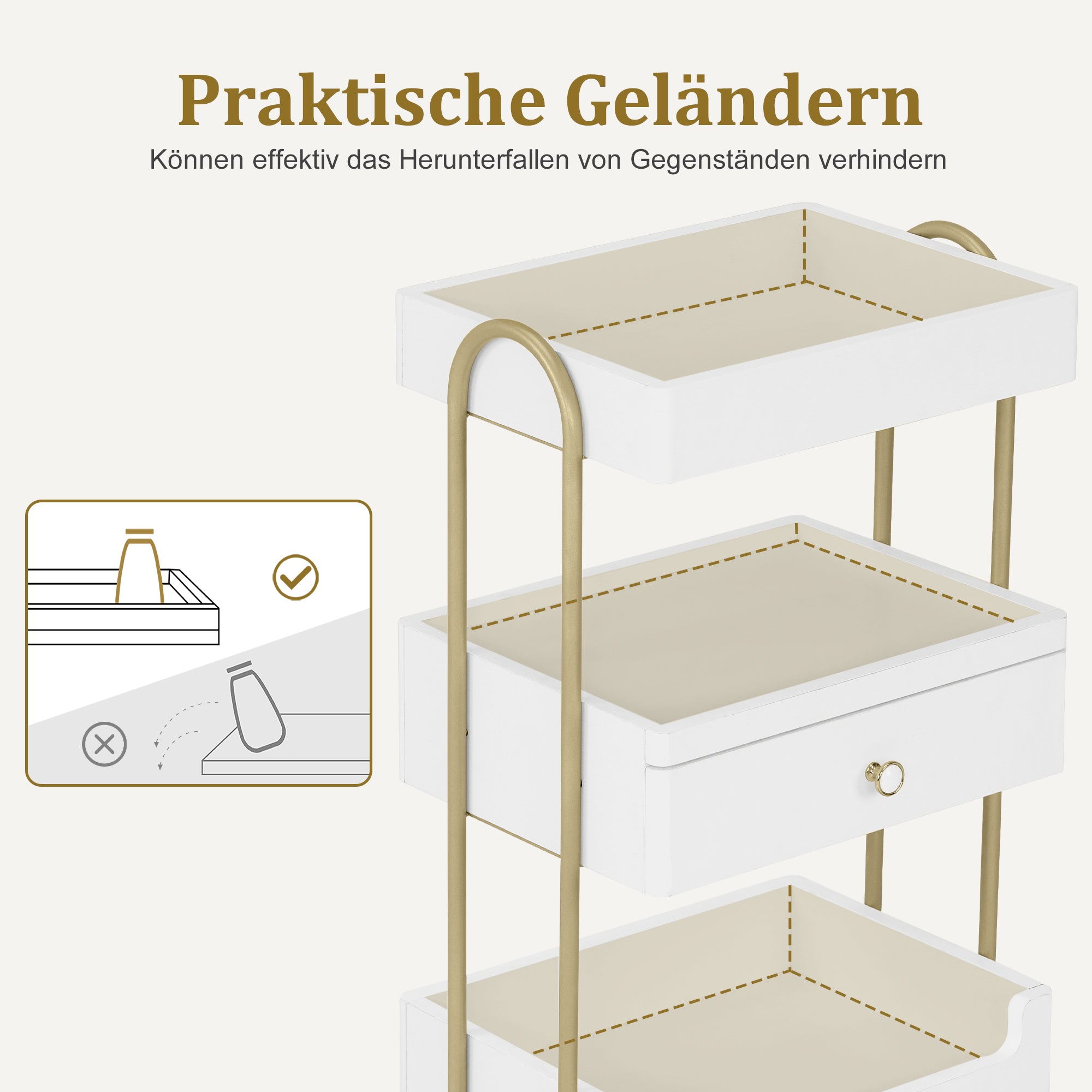 MCombo Carrello di servizio con ruote e cassetto, carrello su ruote, carrello da parrucchiere, bianco-oro, carrello da salone con 3 ripiani, carrello da lavoro moderno per bagno e soggiorno, 37x51x87 cm, 0093